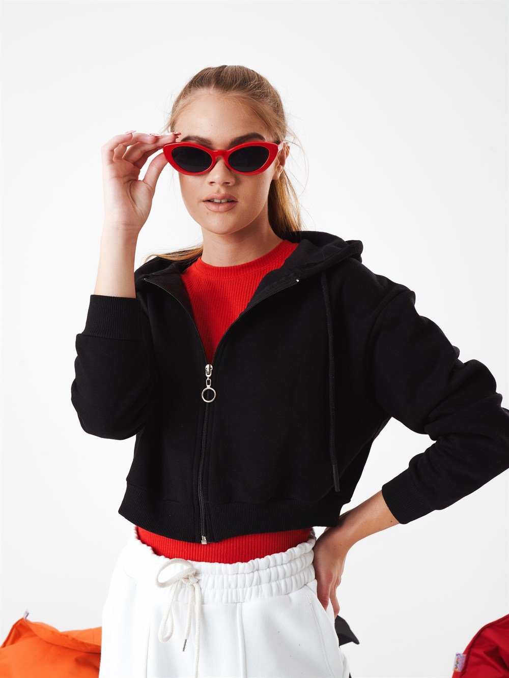 Kapüşonlu Şardonlu Kısa Sweatshirt Ceket