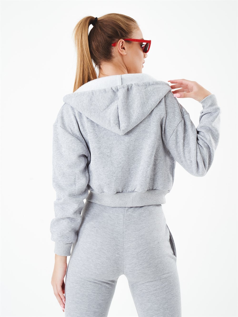 Kapüşonlu Şardonlu Kısa Sweatshirt Ceket