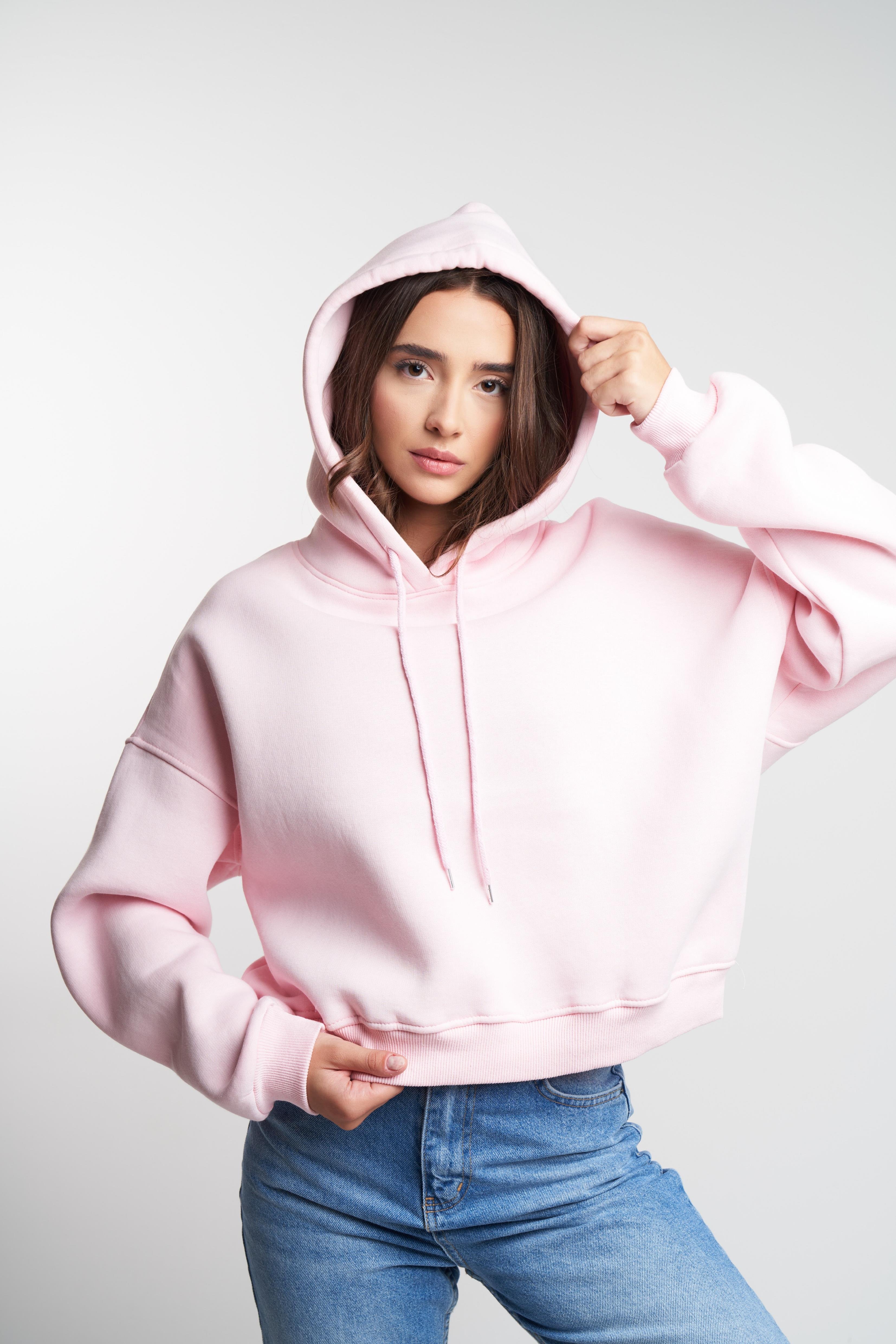 Kapüşonlu Şardonlu Kısa Sweatshirt Toz Pembe