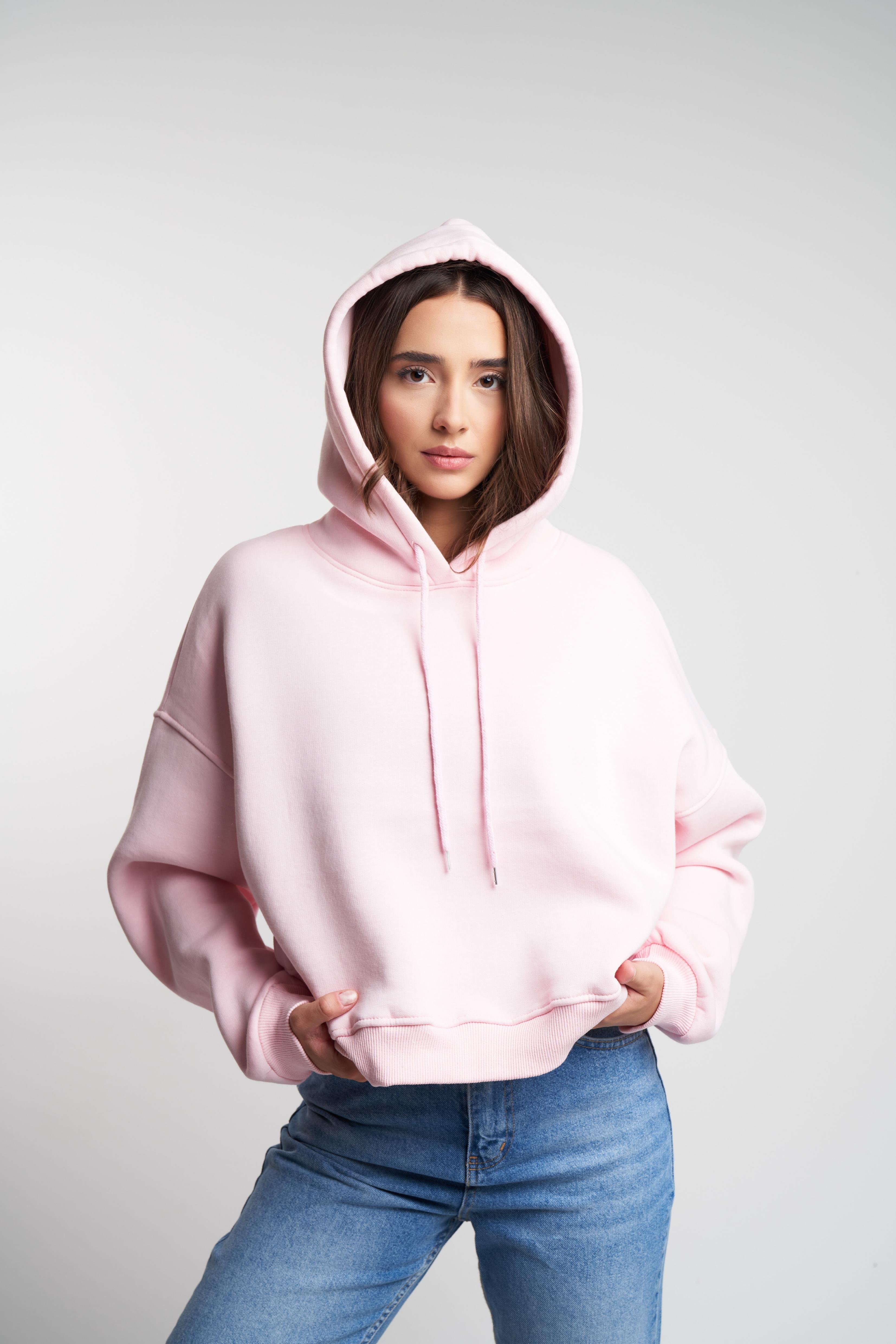Kapüşonlu Şardonlu Kısa Sweatshirt Toz Pembe
