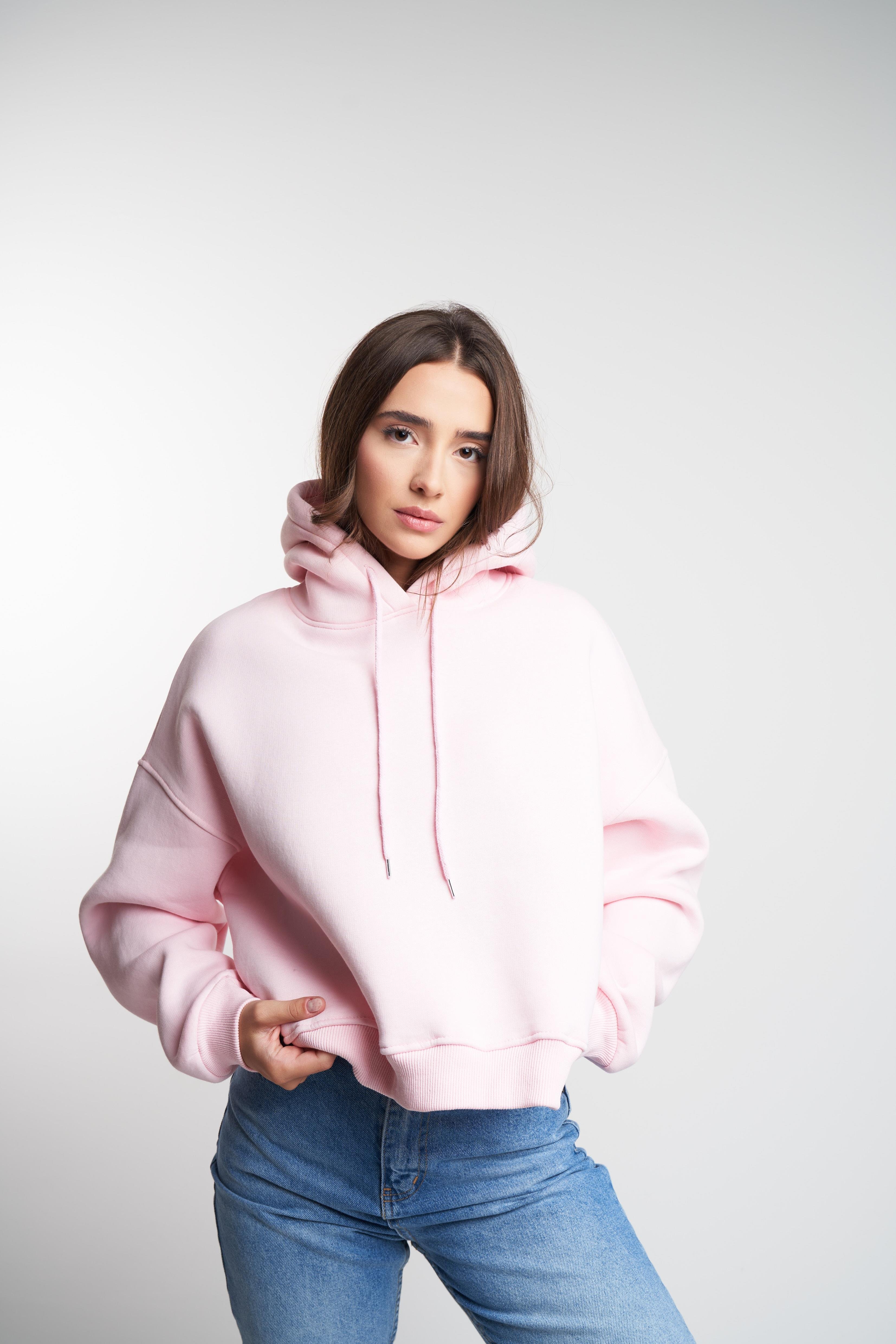 Kapüşonlu Şardonlu Kısa Sweatshirt Toz Pembe