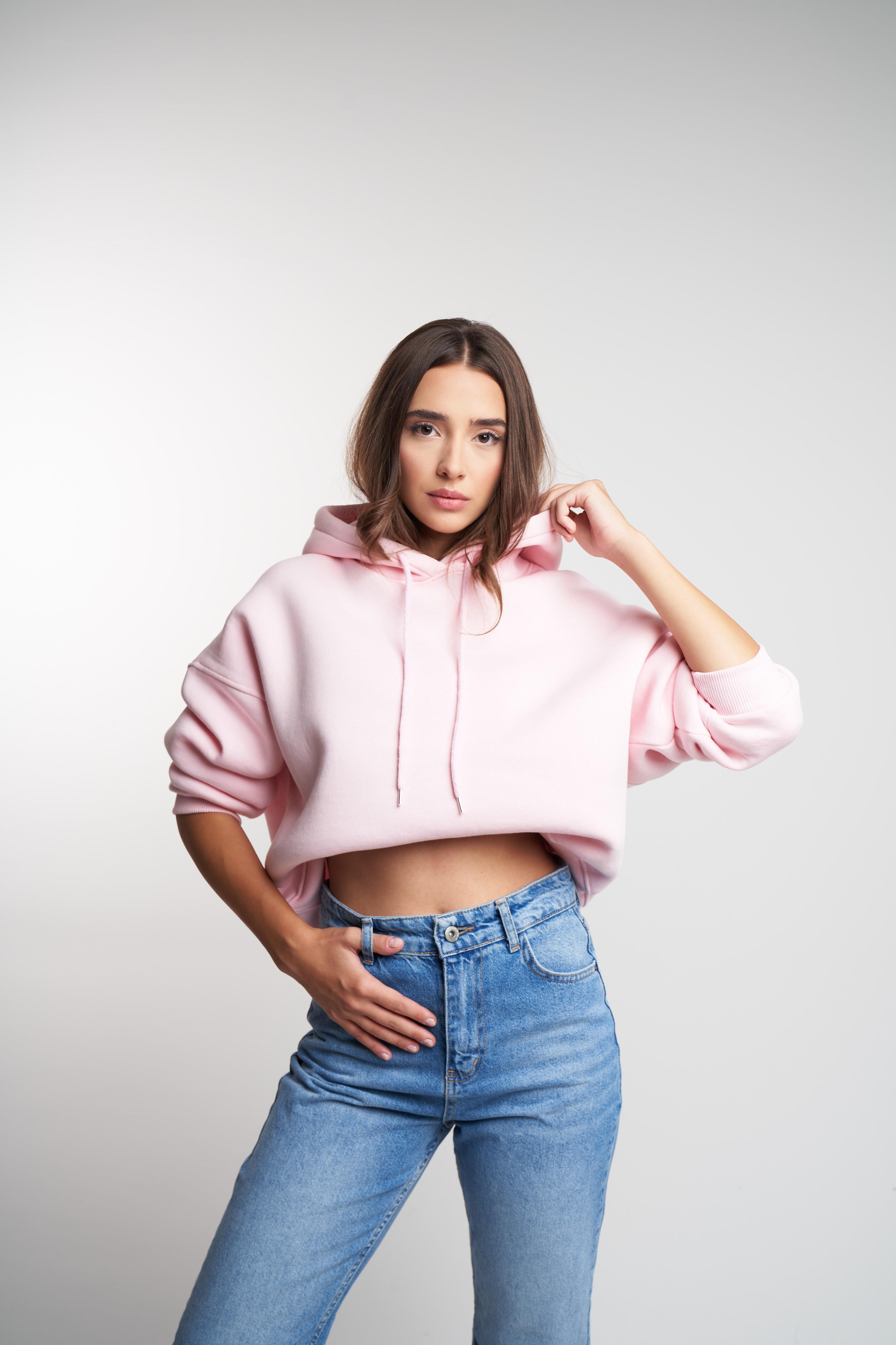 Kapüşonlu Şardonlu Kısa Sweatshirt Toz Pembe
