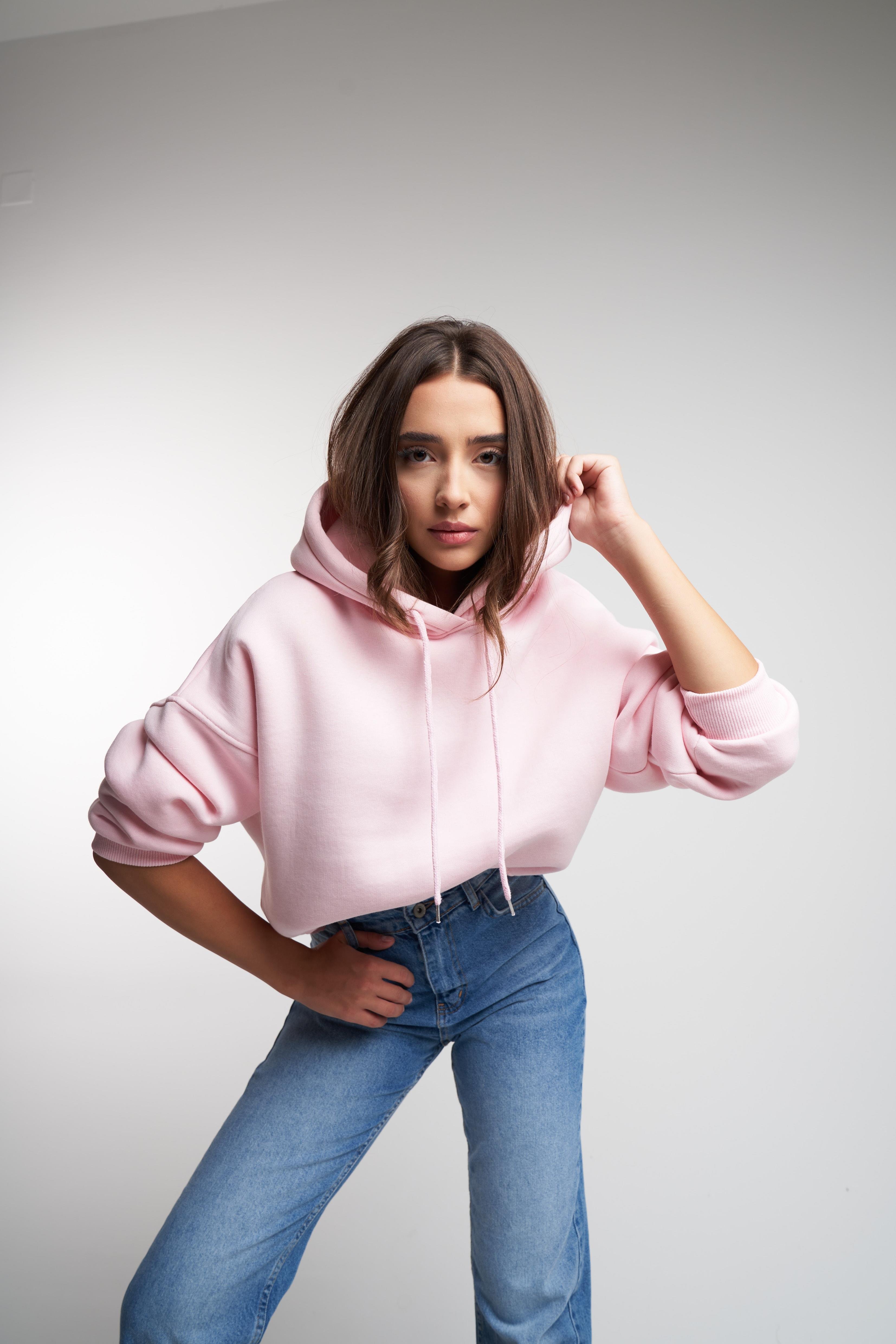 Kapüşonlu Şardonlu Kısa Sweatshirt Toz Pembe