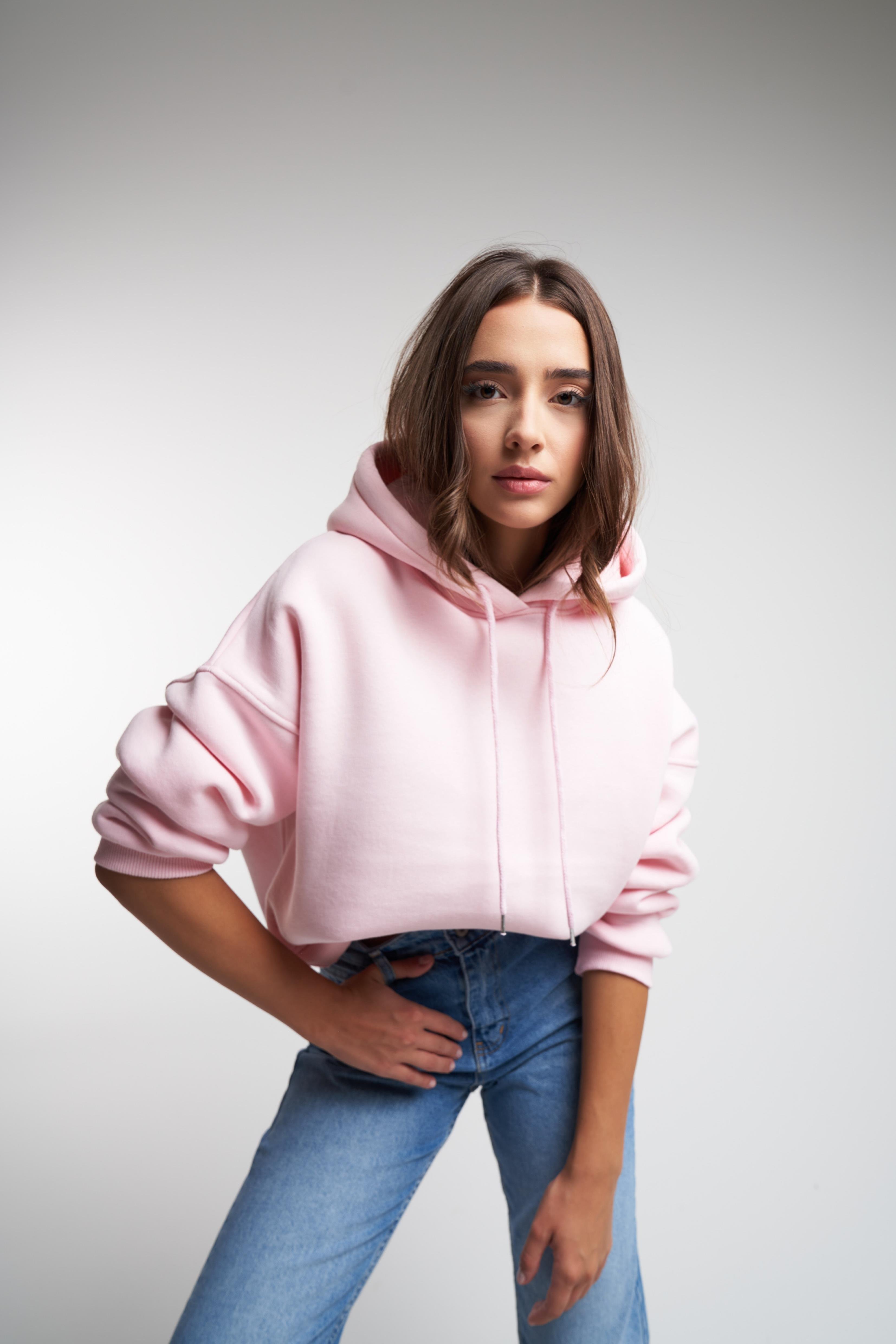 Kapüşonlu Şardonlu Kısa Sweatshirt Toz Pembe