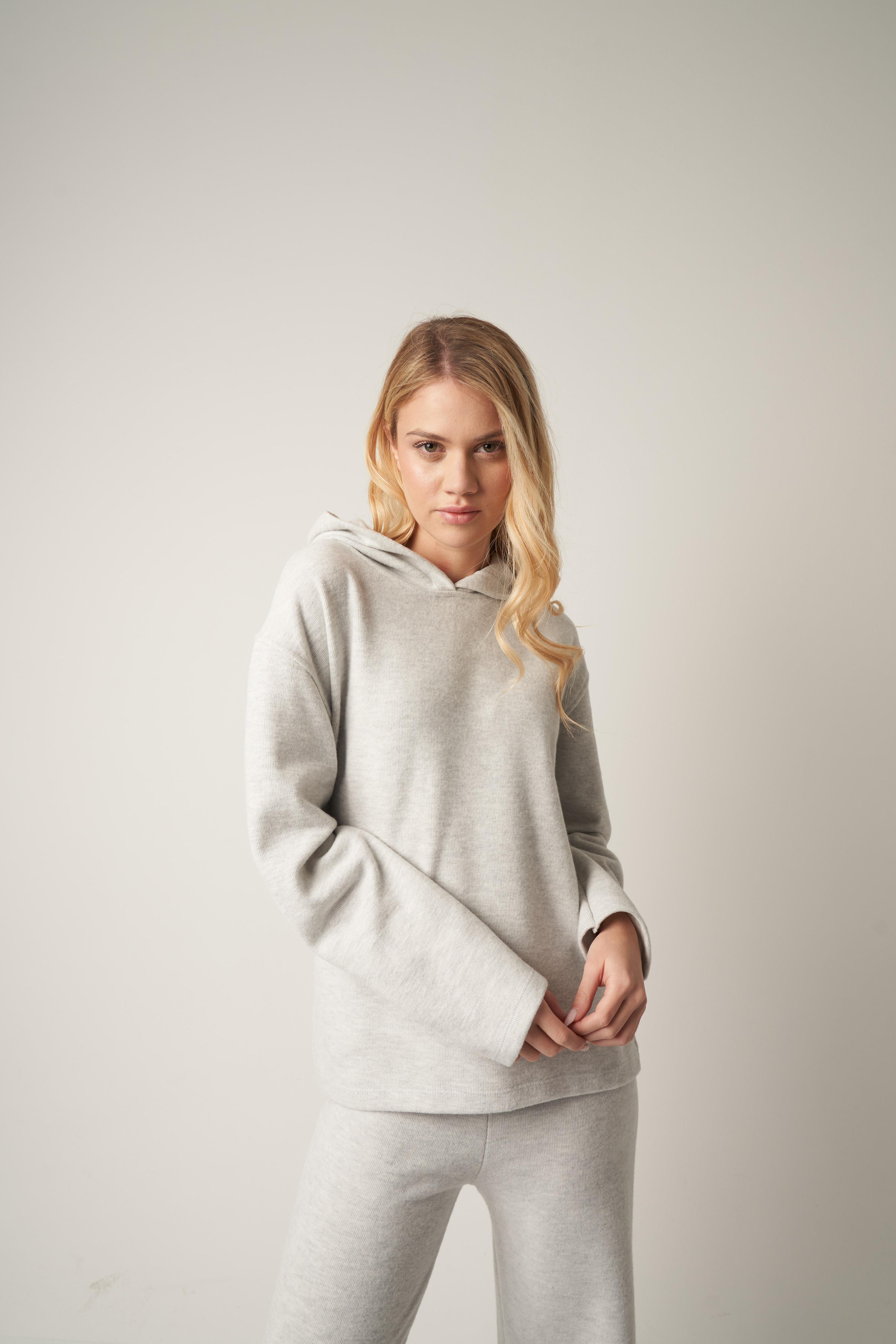 Kapüşonlu Triko Sweatshirt Gri