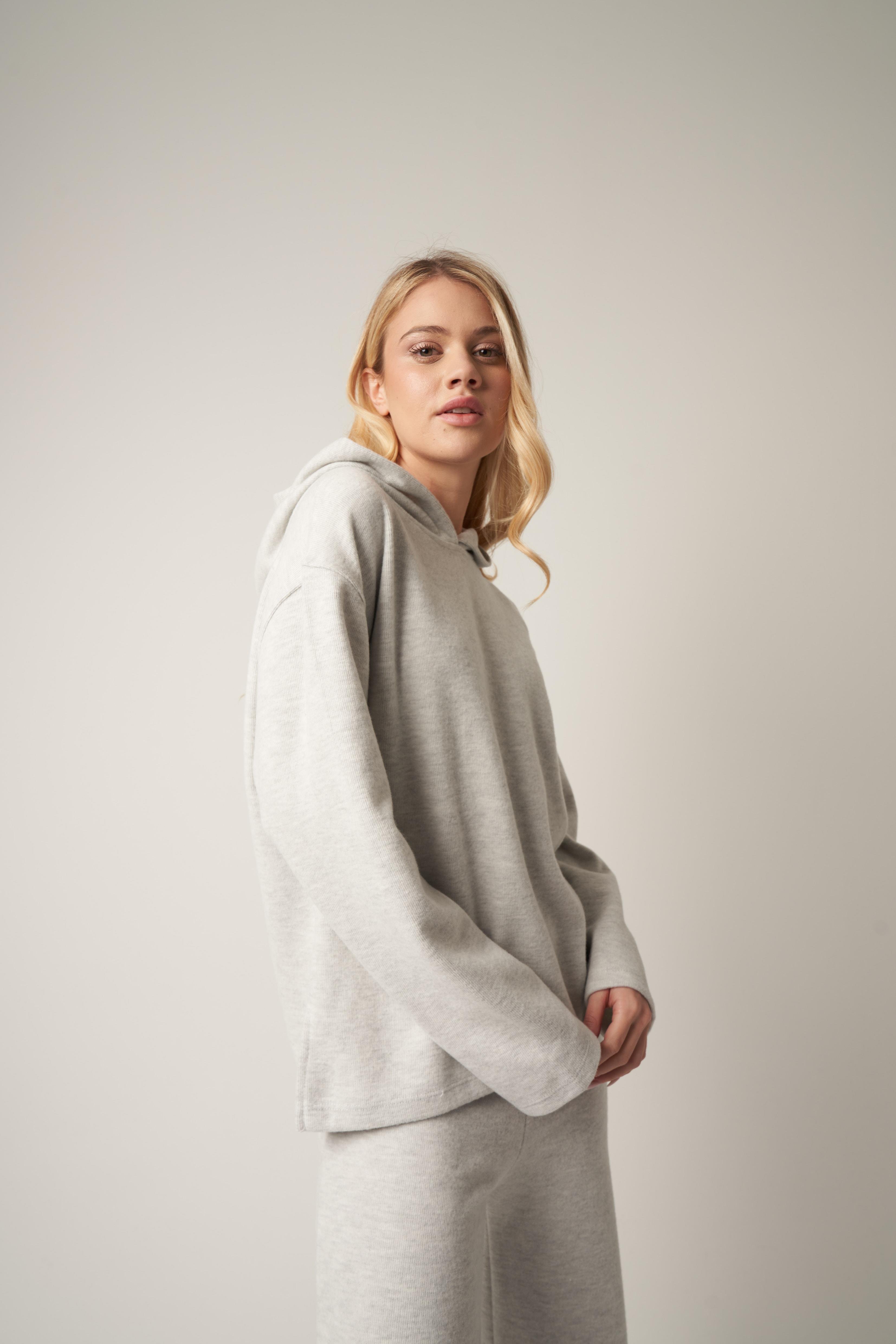 Kapüşonlu Triko Sweatshirt Gri