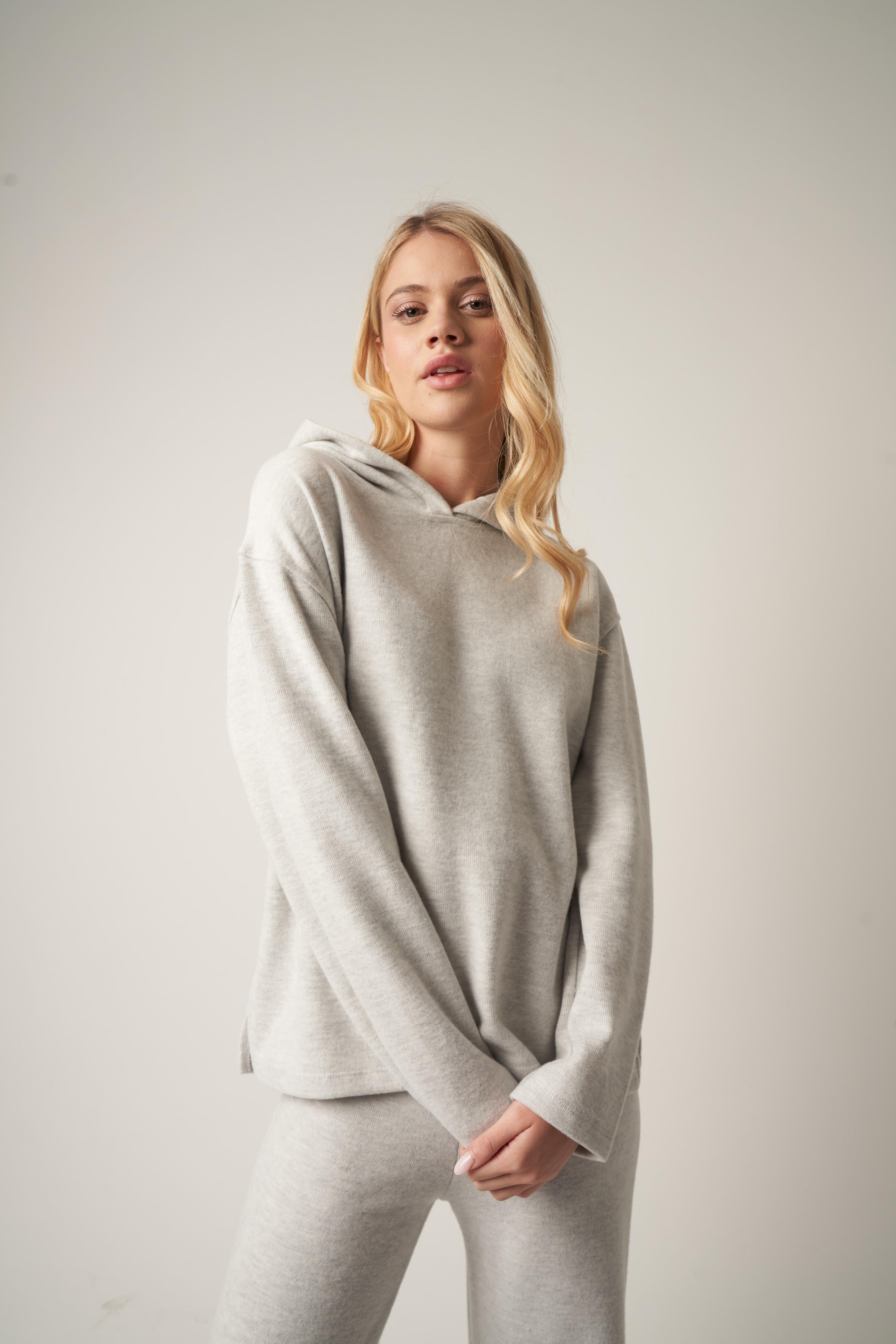 Kapüşonlu Triko Sweatshirt Gri