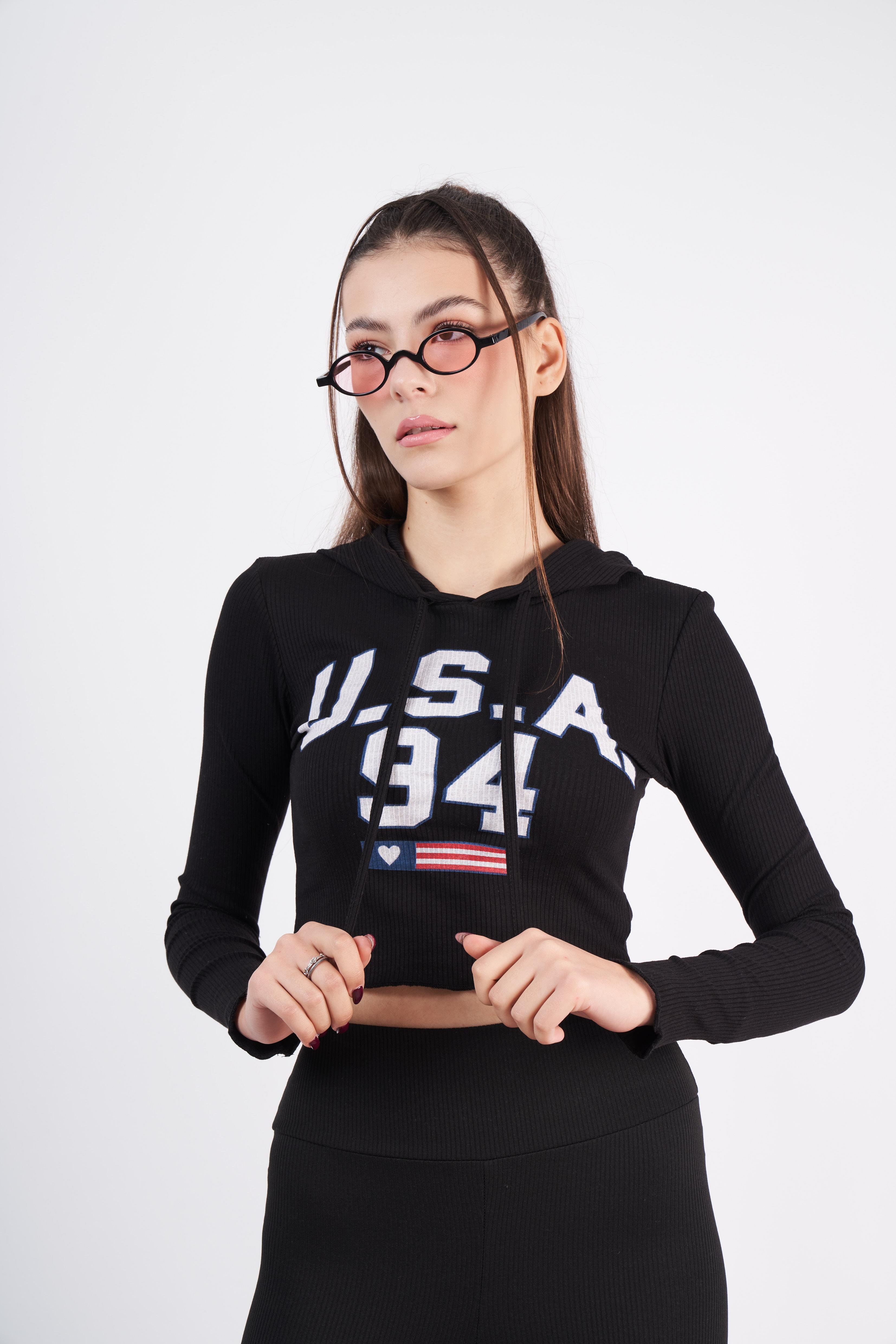 Kapüşonlu USA Baskılı Kısa Sweatshirt Siyah