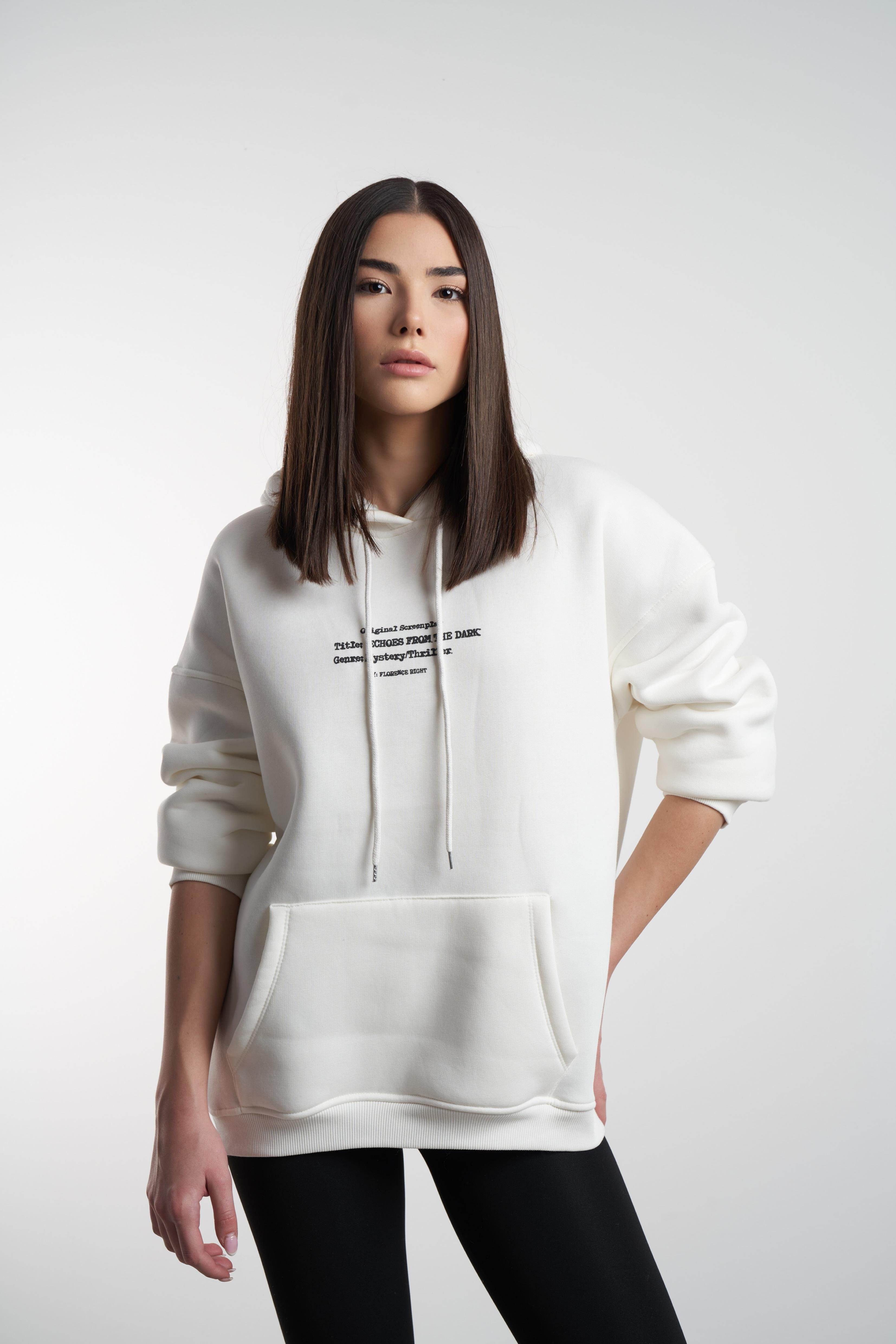 Kapüşonlu Yazı Baskı Şardonlu Sweatshirt Ekru