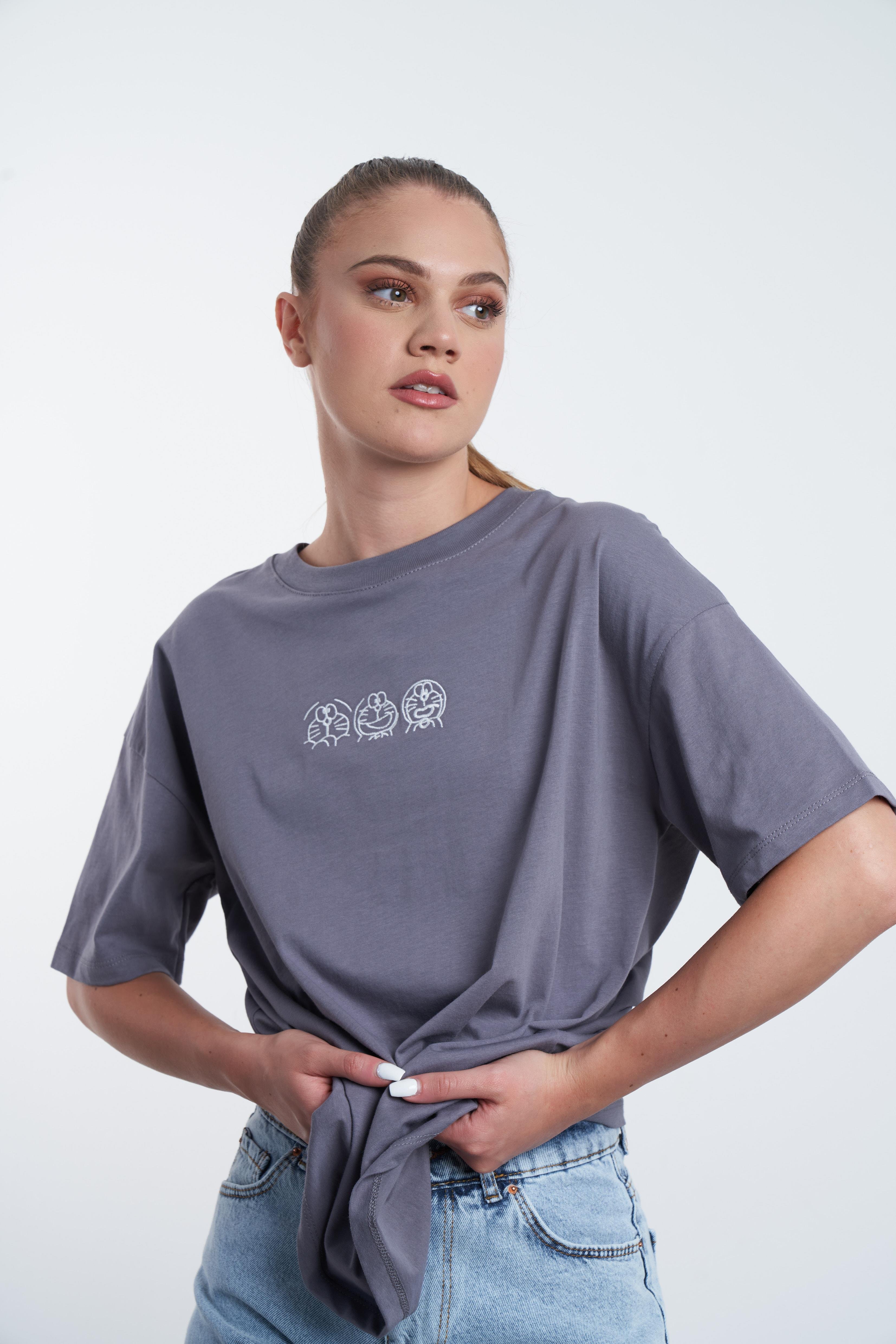 Karakter Nakış Baskılı T-shirt Koyu Gri