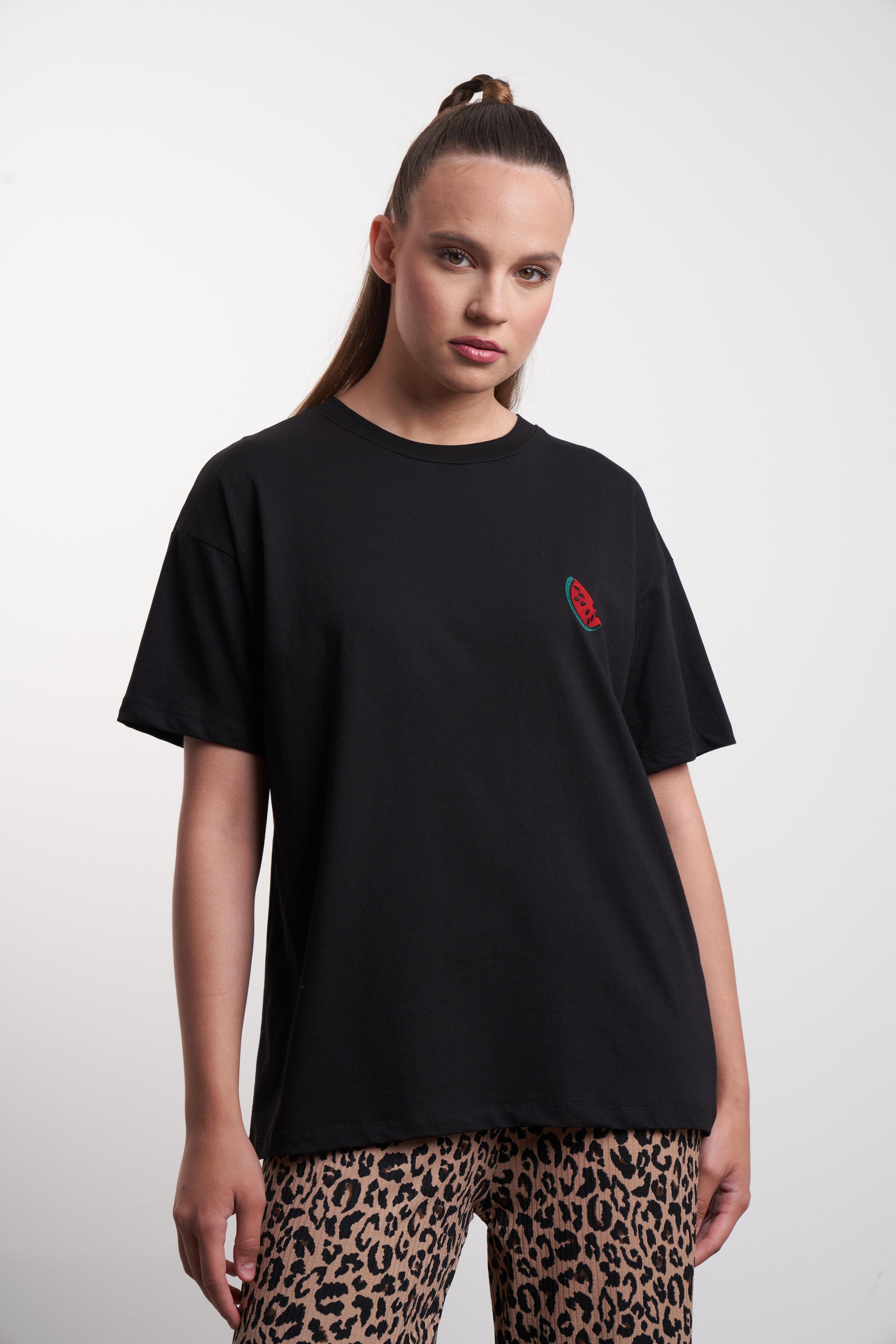 Karpuz Nakış Baskılı T-shirt Siyah