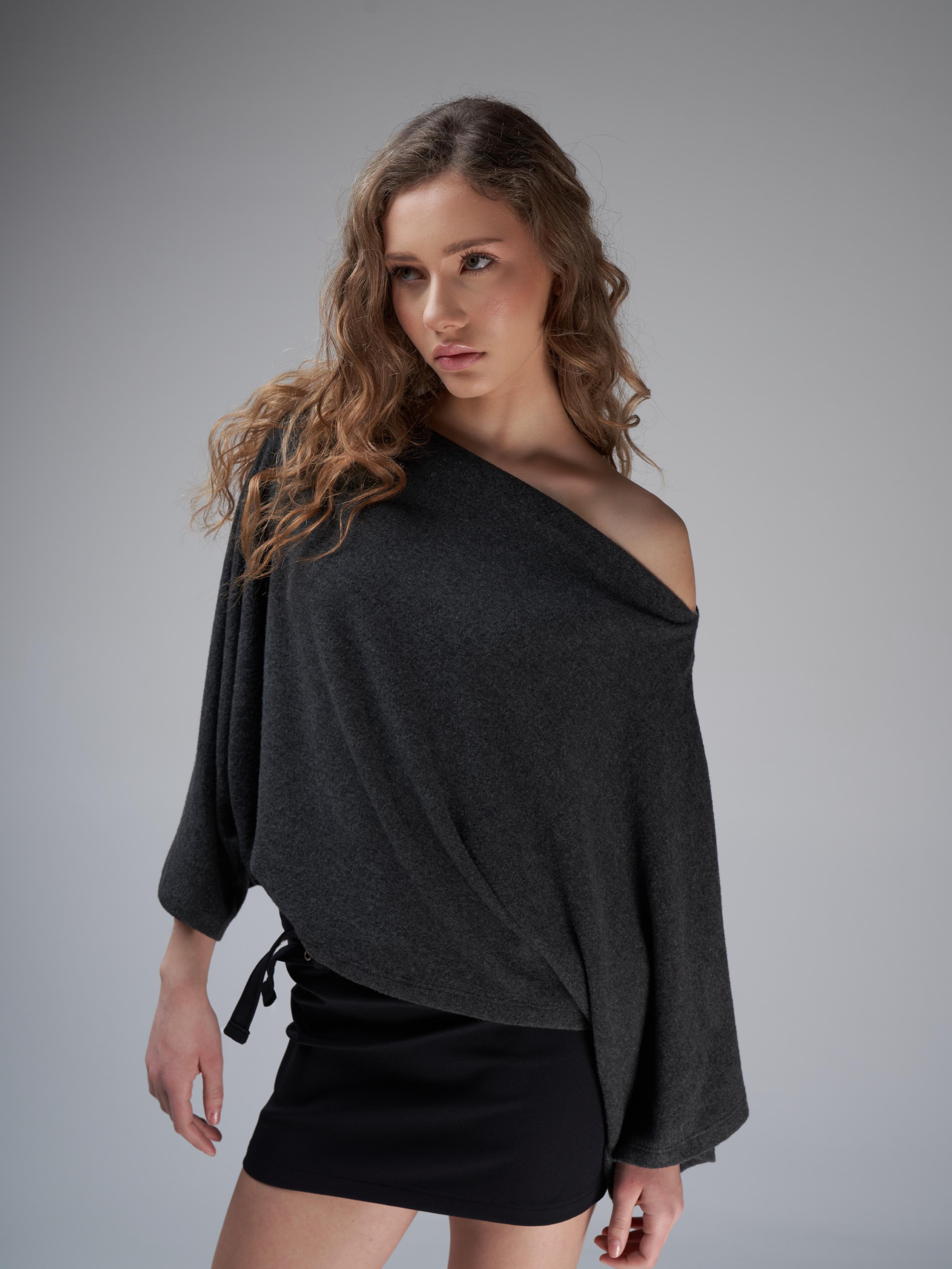 Kayık Yaka Yarasa Kol Bluz Antrasit Melanj