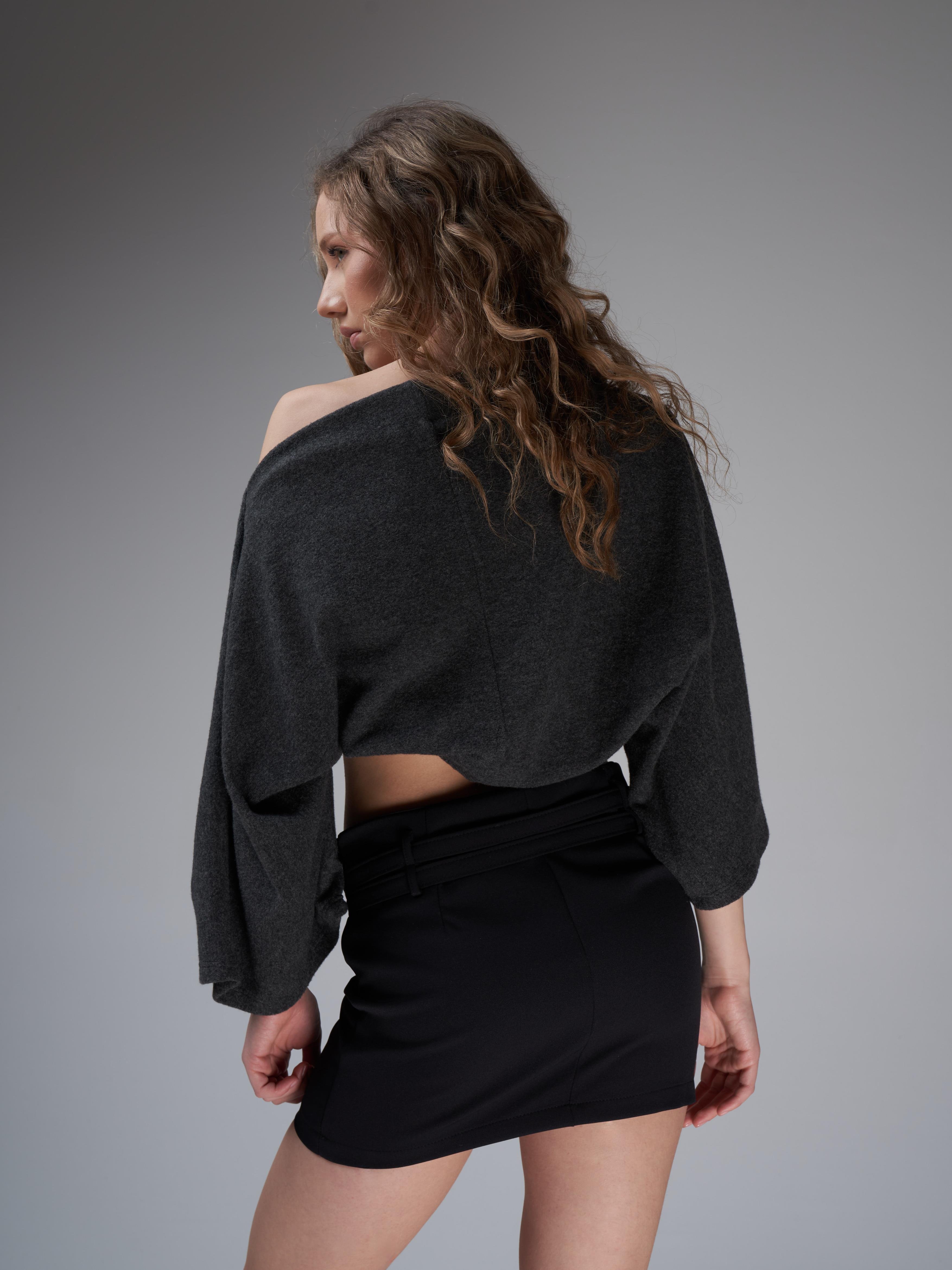 Kayık Yaka Yarasa Kol Bluz Antrasit Melanj