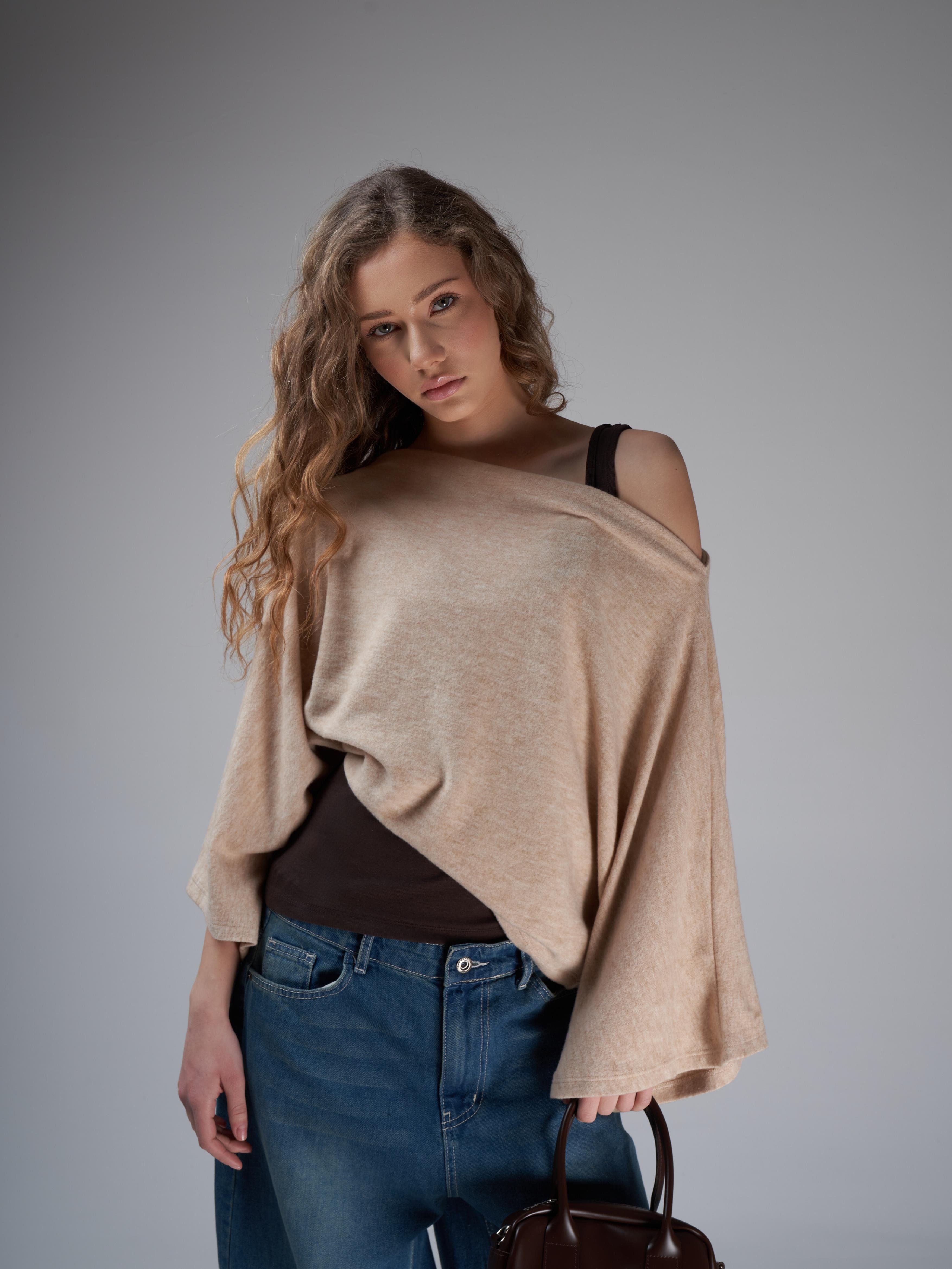 Kayık Yaka Yarasa Kol Bluz Bej Melanj