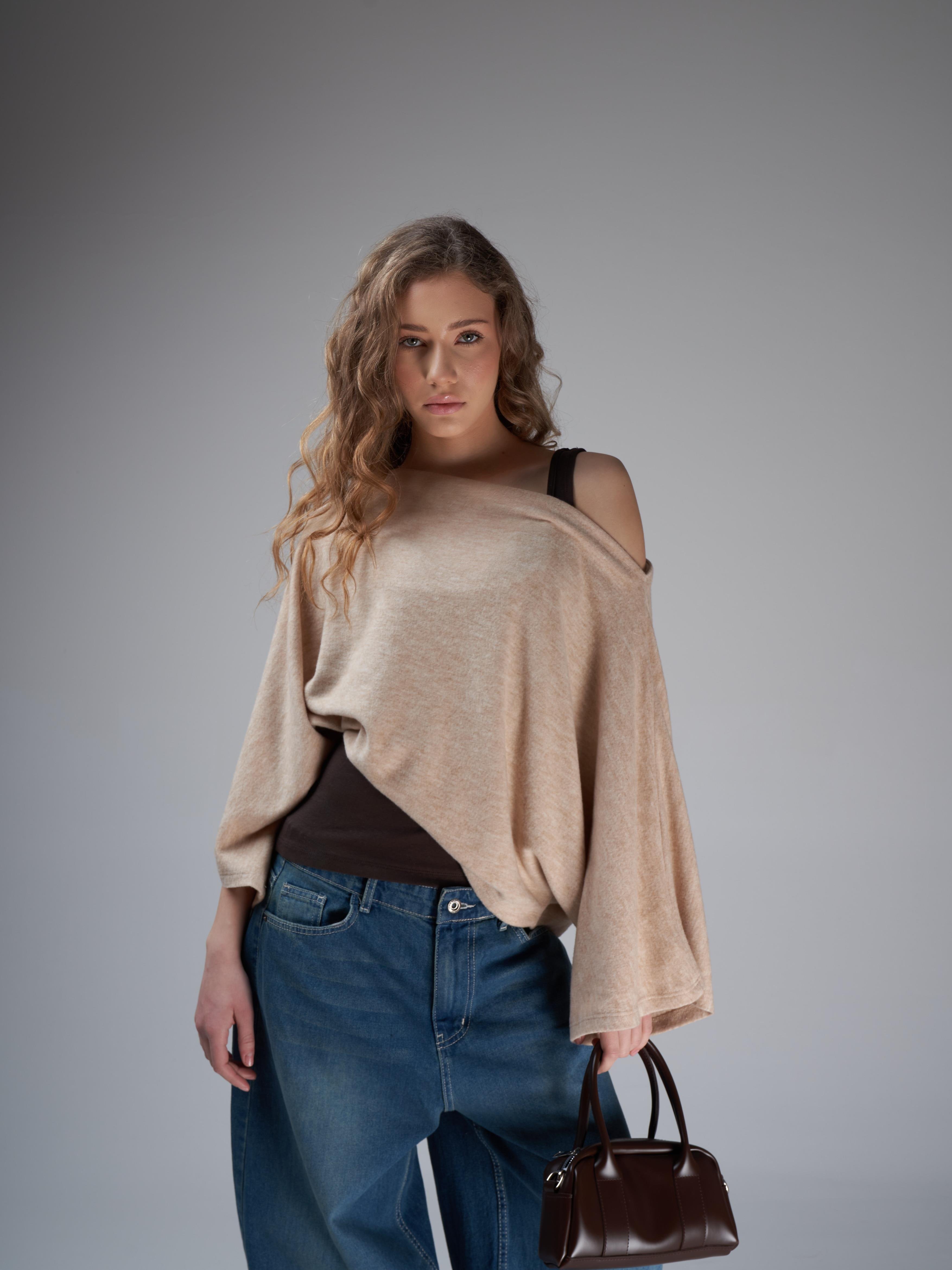 Kayık Yaka Yarasa Kol Bluz Bej Melanj