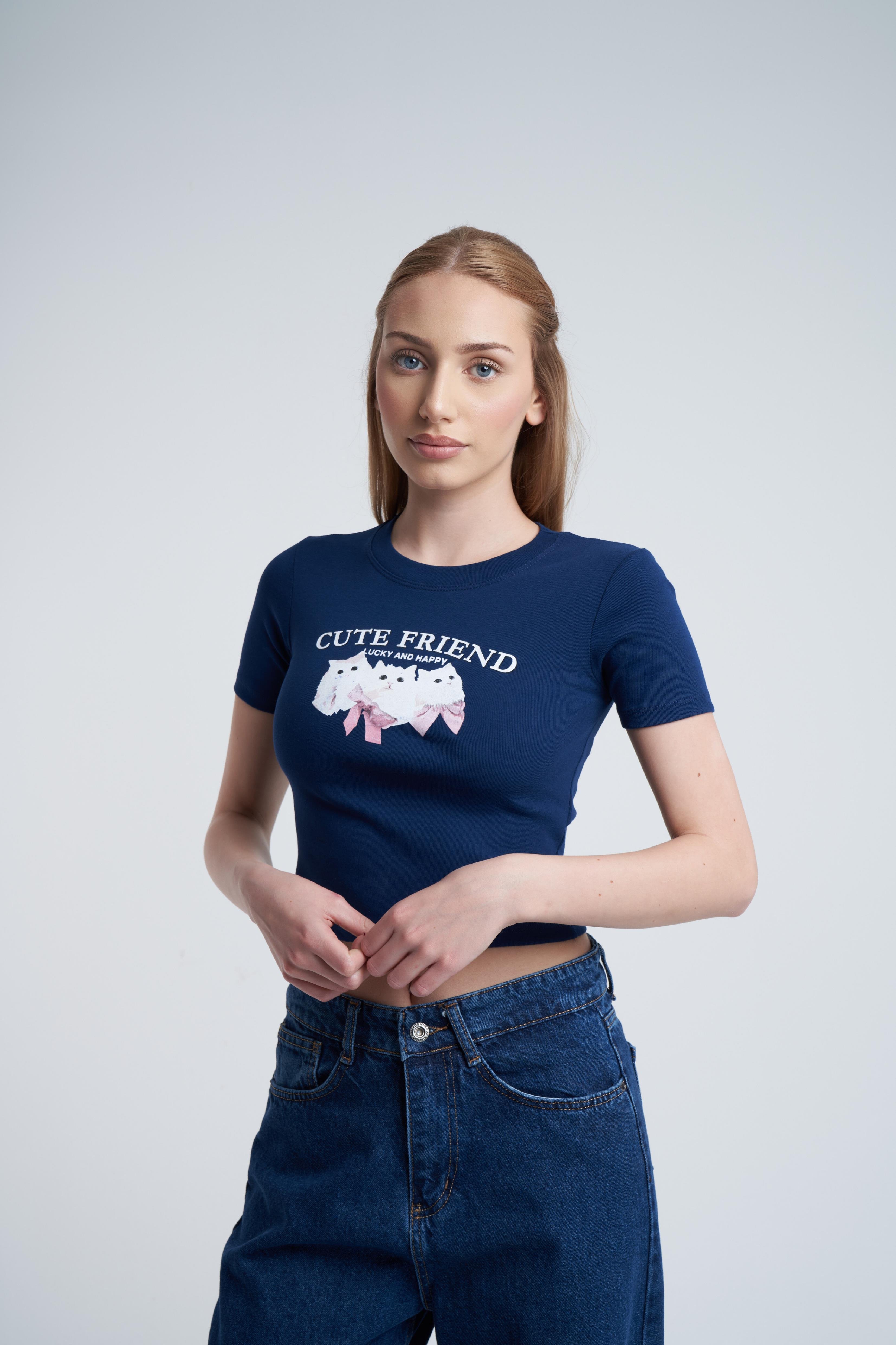 Kedi Baskılı Kısa T-shirt Lacivert
