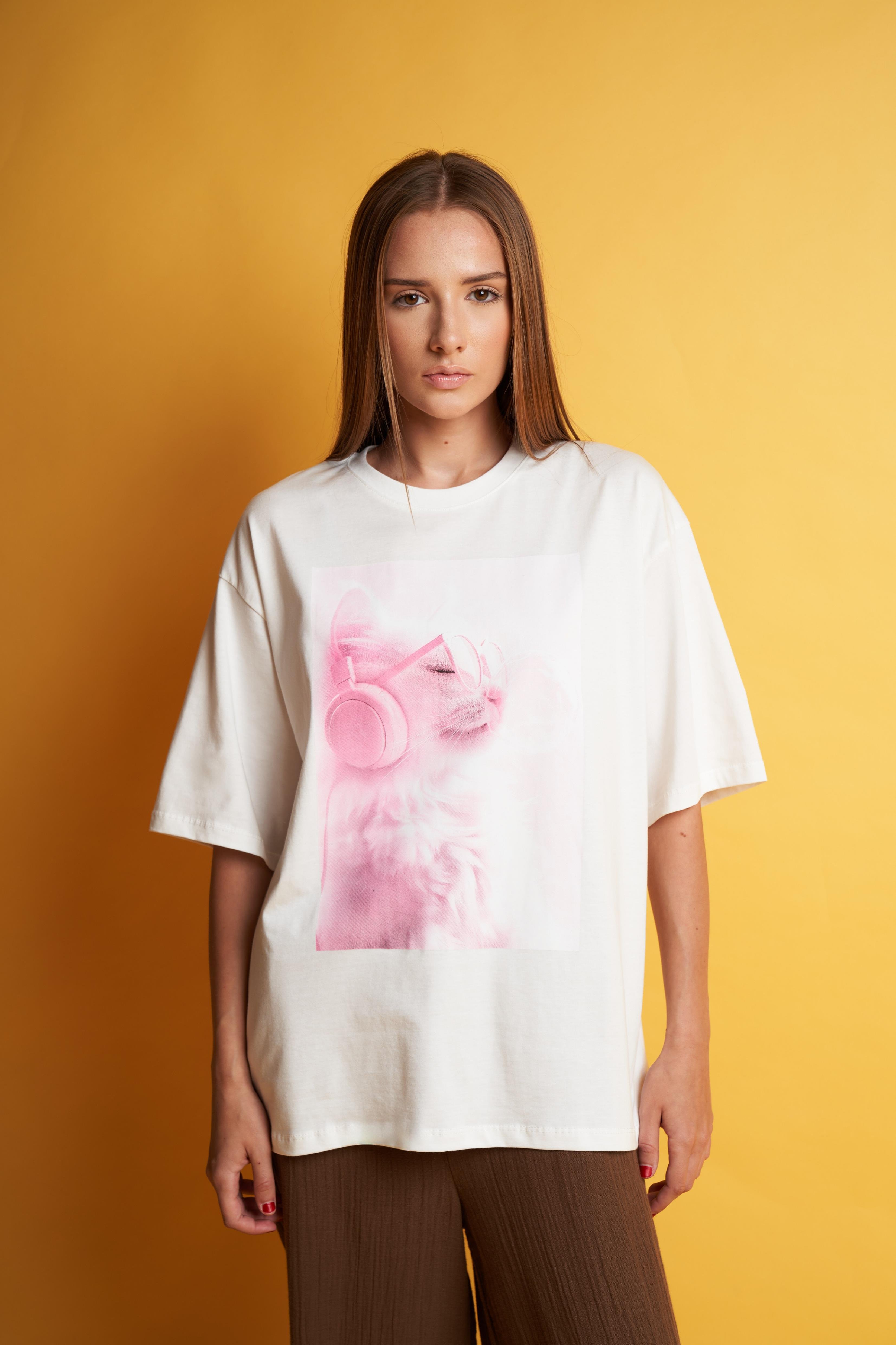 Kedi Baskılı Oversize Kısa Kol T-shirt Ekru