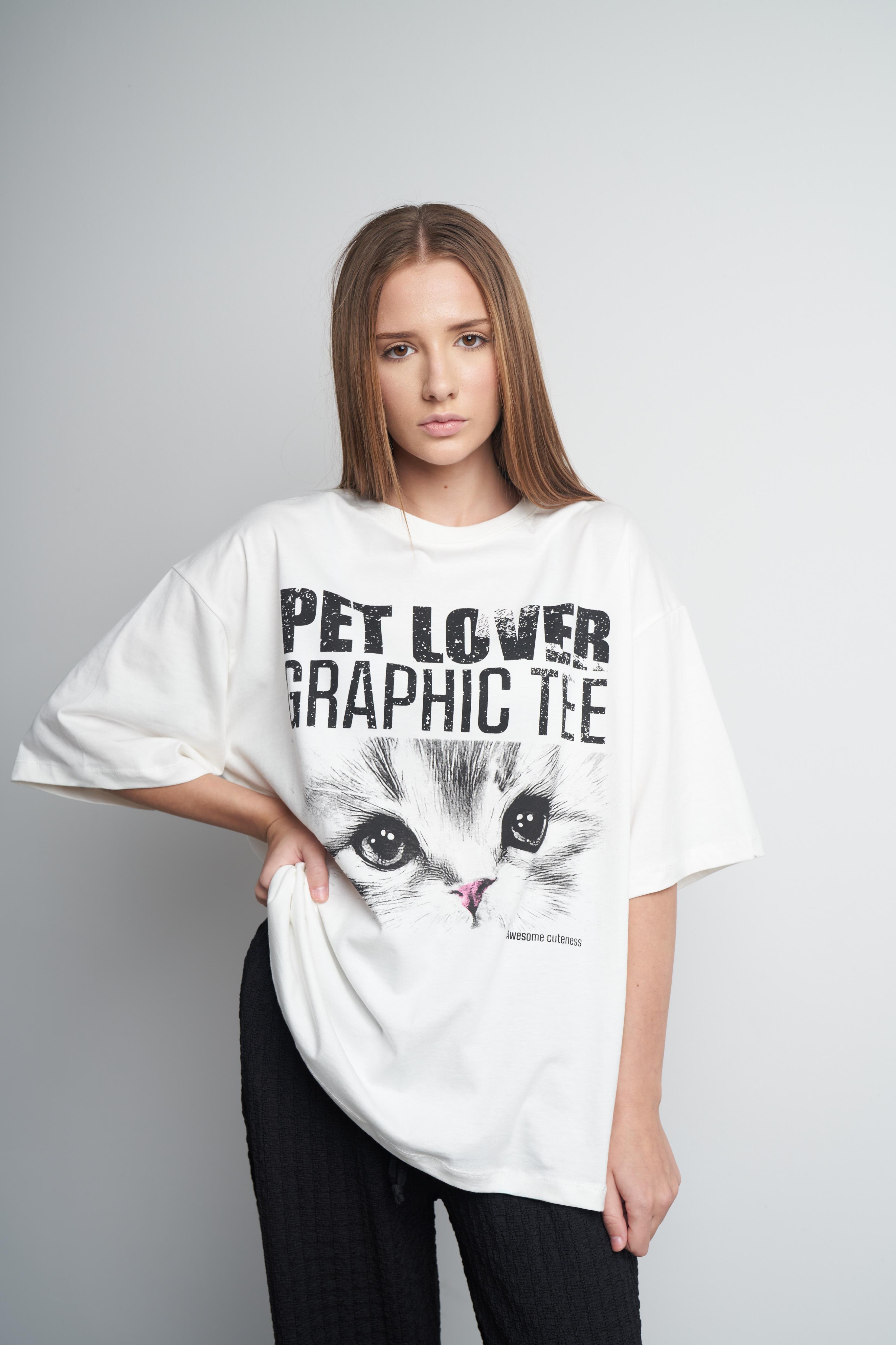 Kedi Baskılı Oversize Kısa Kol T-shirt Ekru