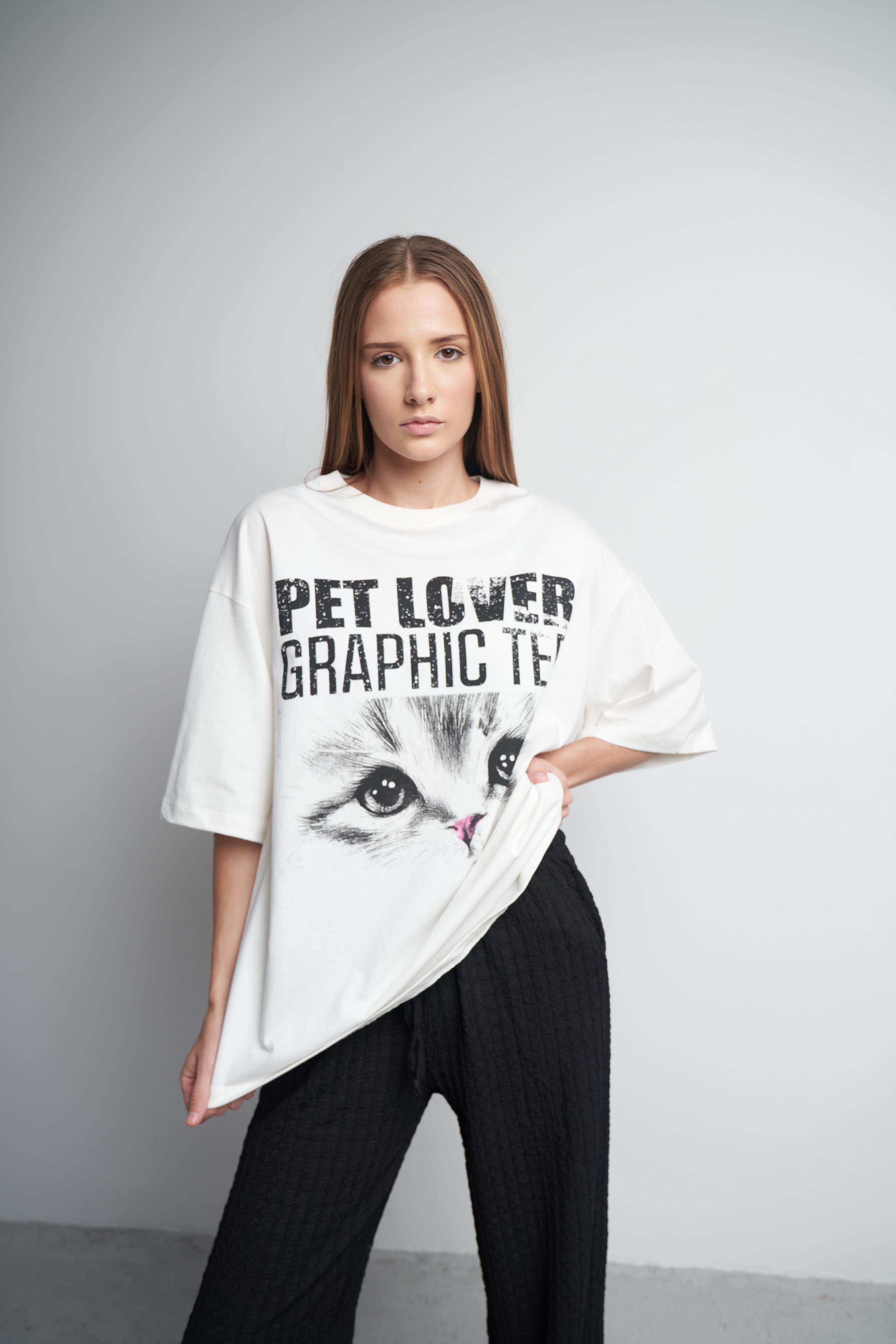 Kedi Baskılı Oversize Kısa Kol T-shirt Ekru
