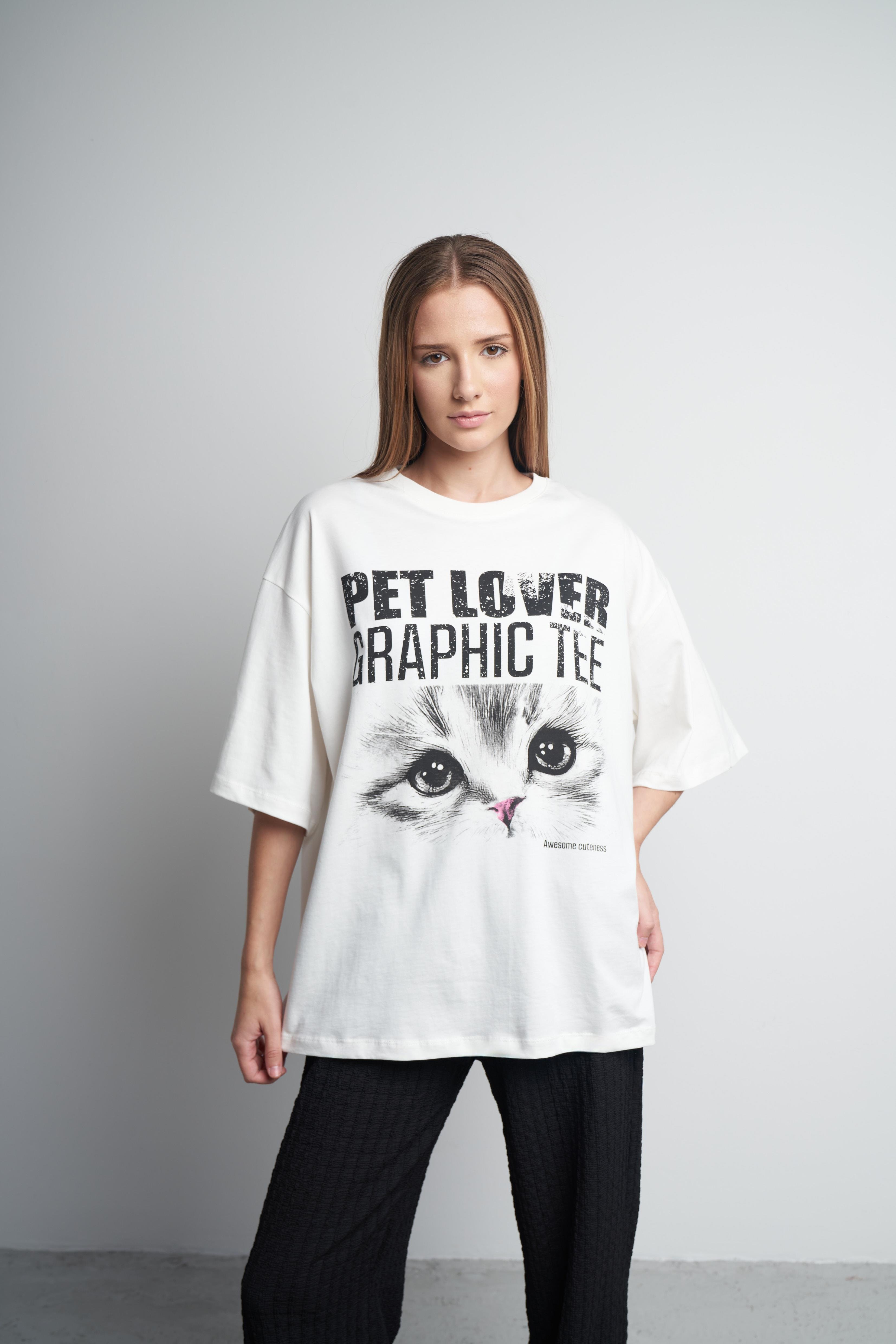 Kedi Baskılı Oversize Kısa Kol T-shirt Ekru