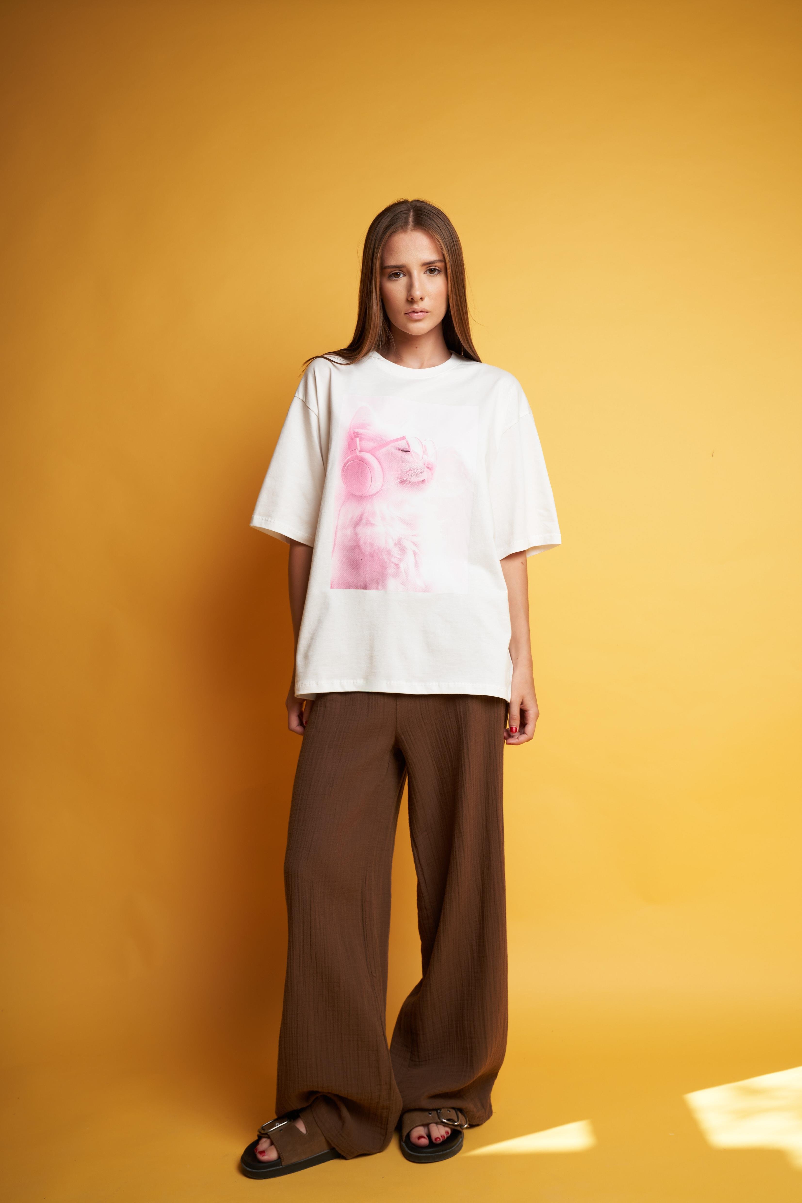 Kedi Baskılı Oversize Kısa Kol T-shirt Ekru