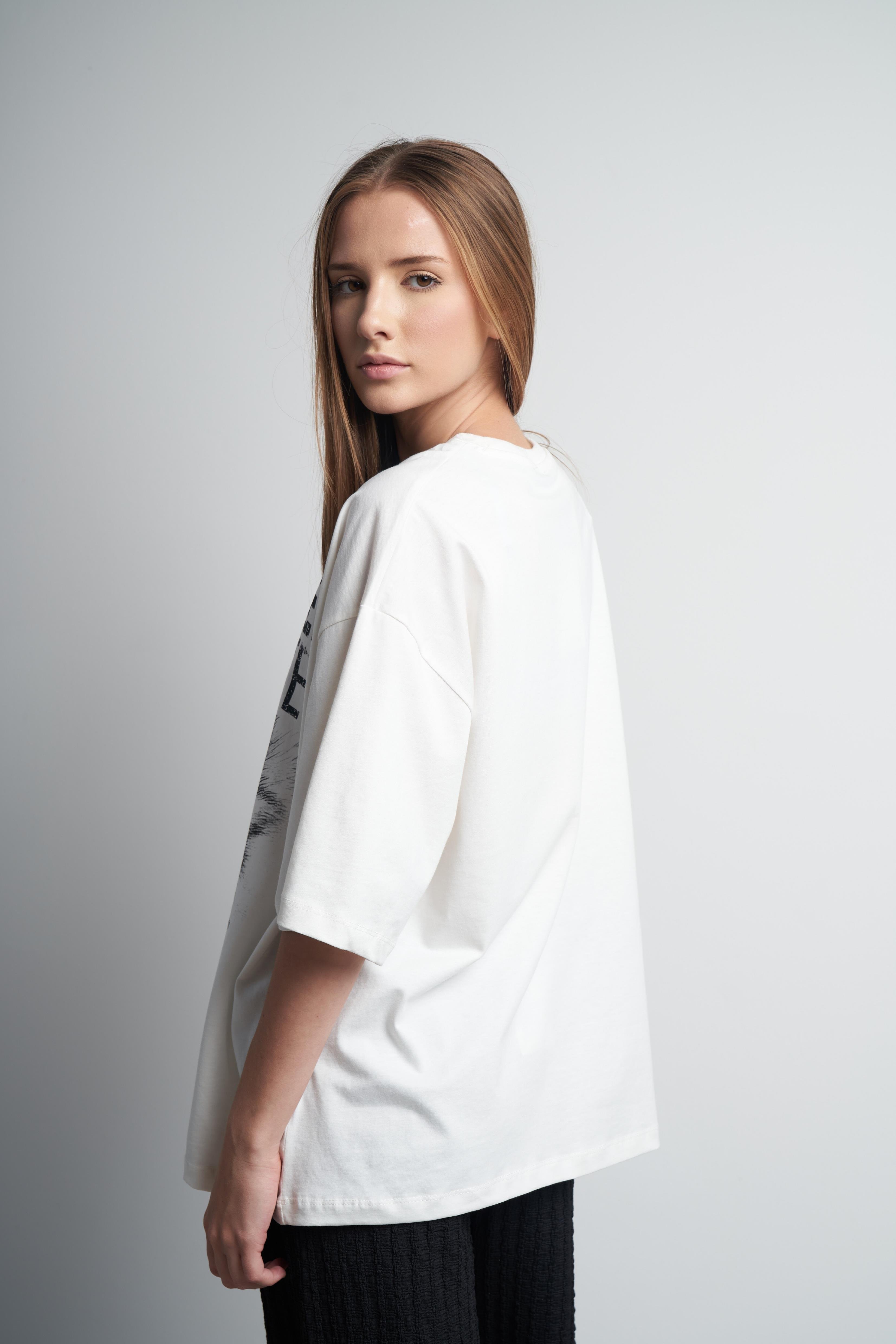 Kedi Baskılı Oversize Kısa Kol T-shirt Ekru