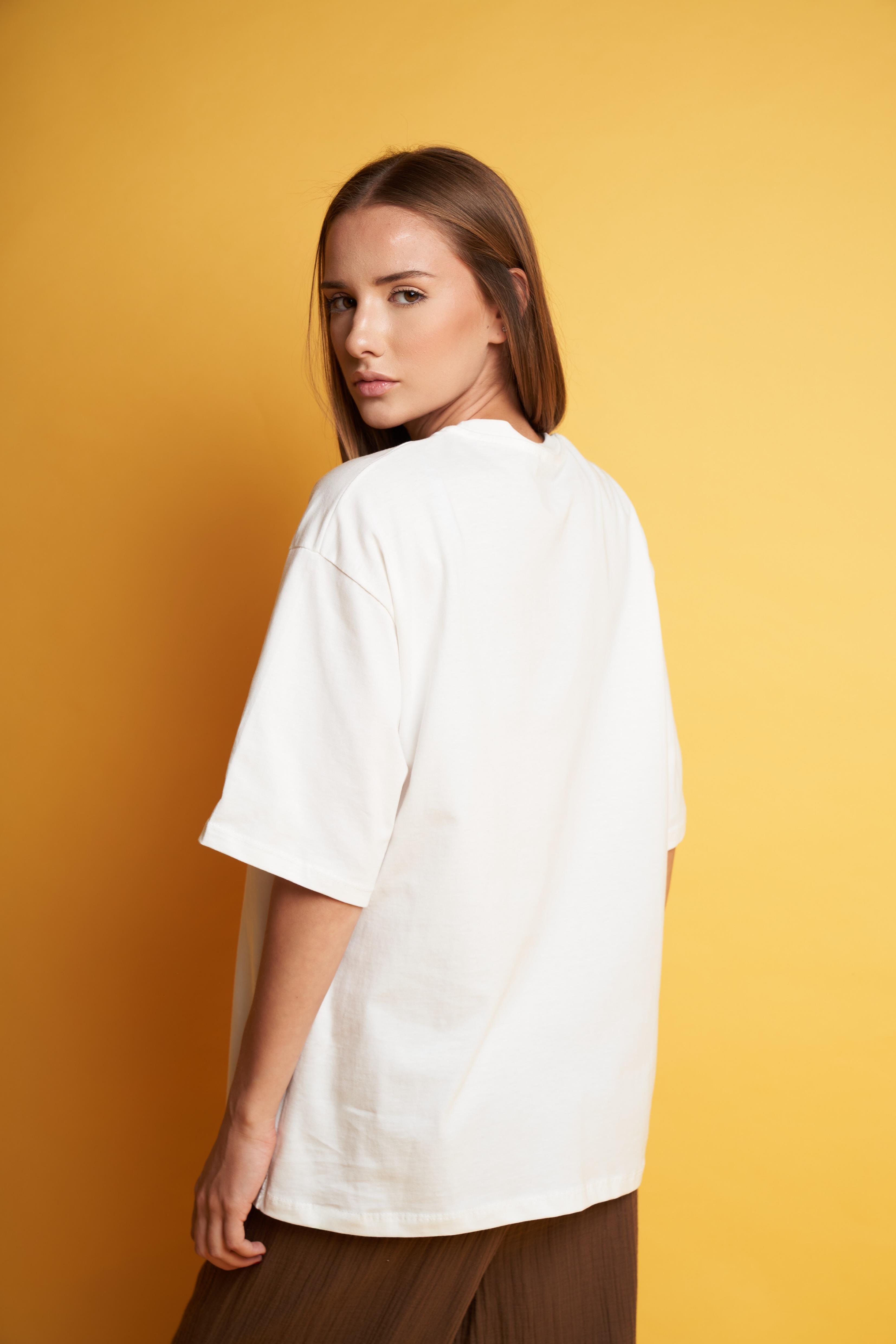 Kedi Baskılı Oversize Kısa Kol T-shirt Ekru