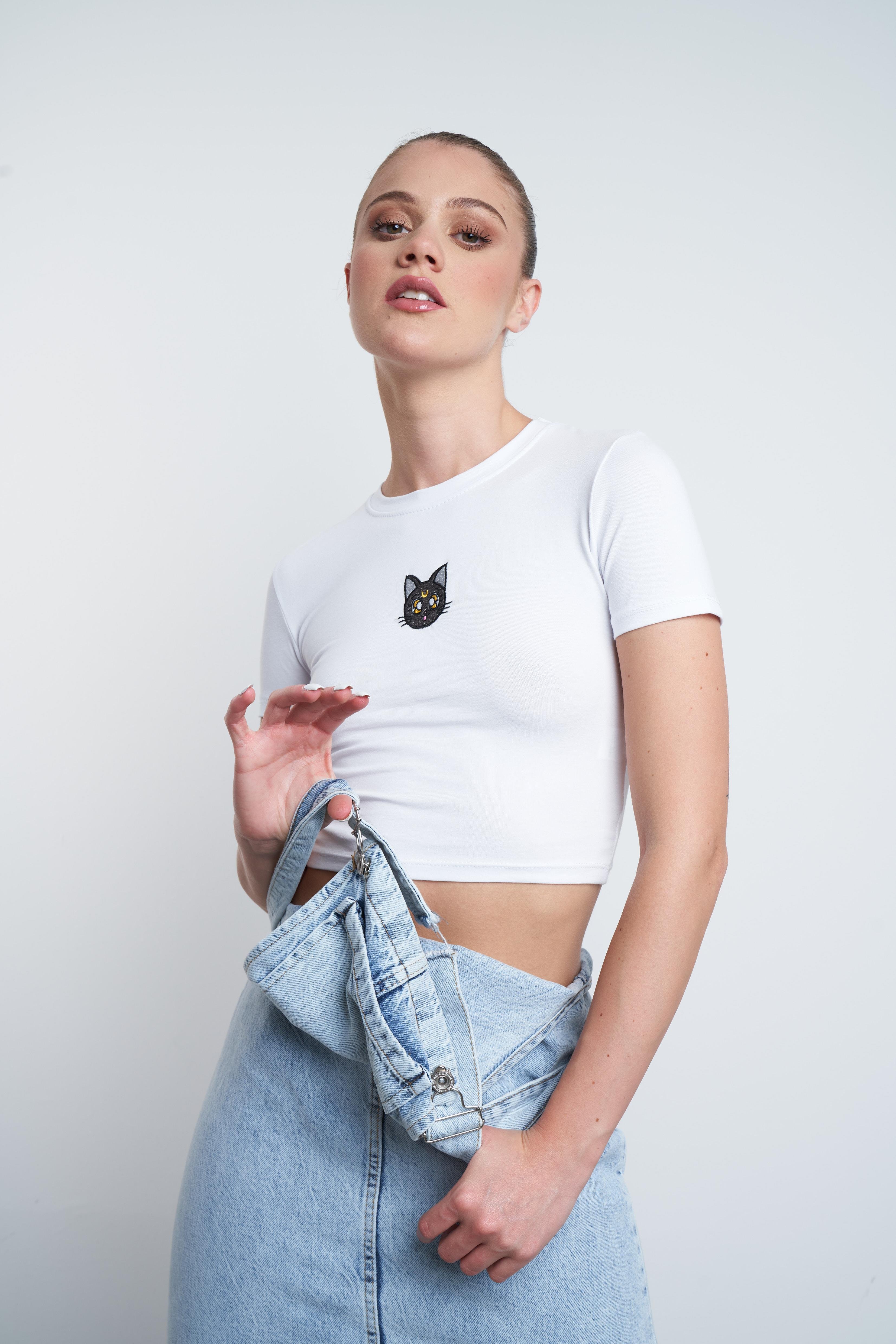 Kedi Nakış Baskılı Kısa T-shirt Beyaz