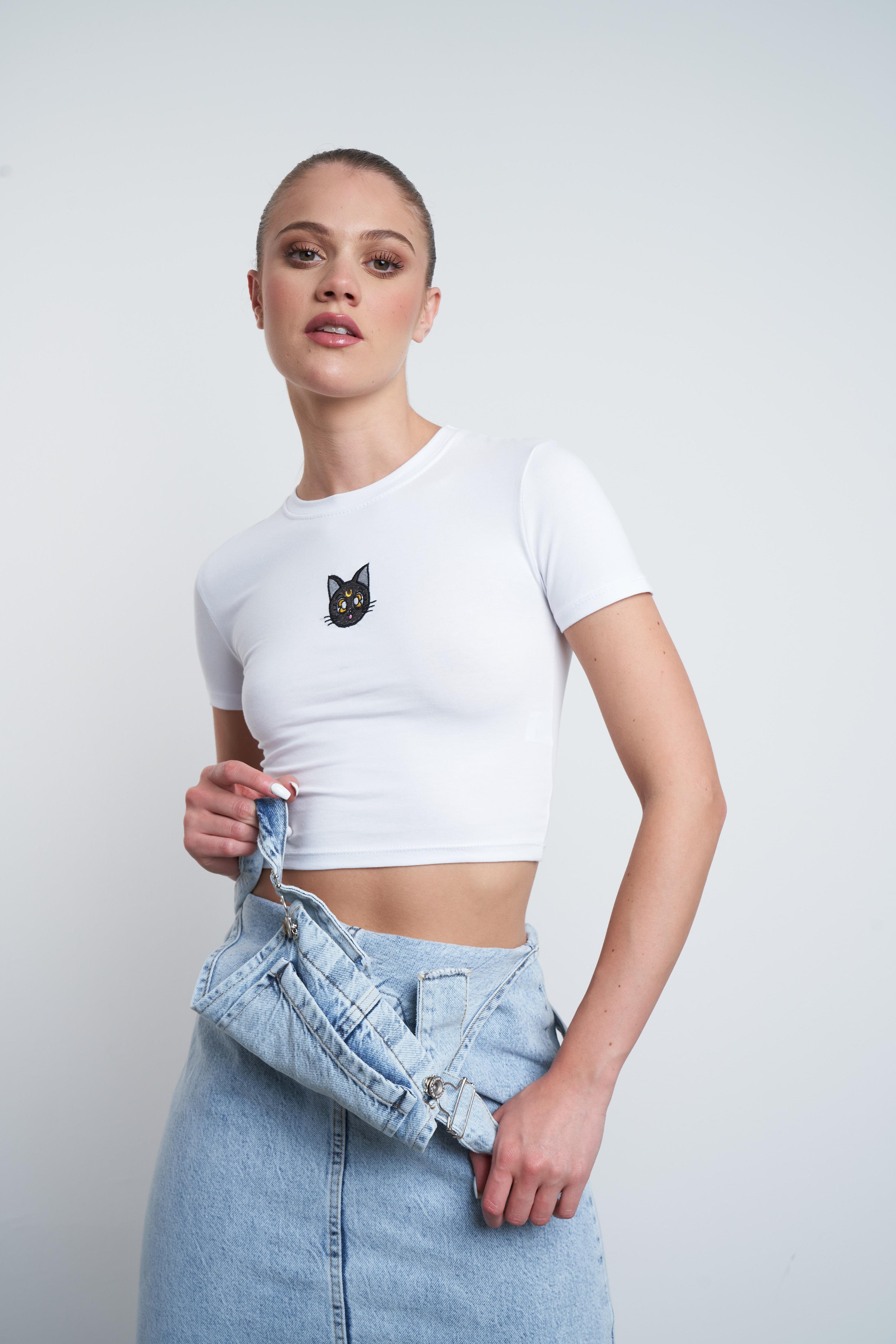 Kedi Nakış Baskılı Kısa T-shirt Beyaz