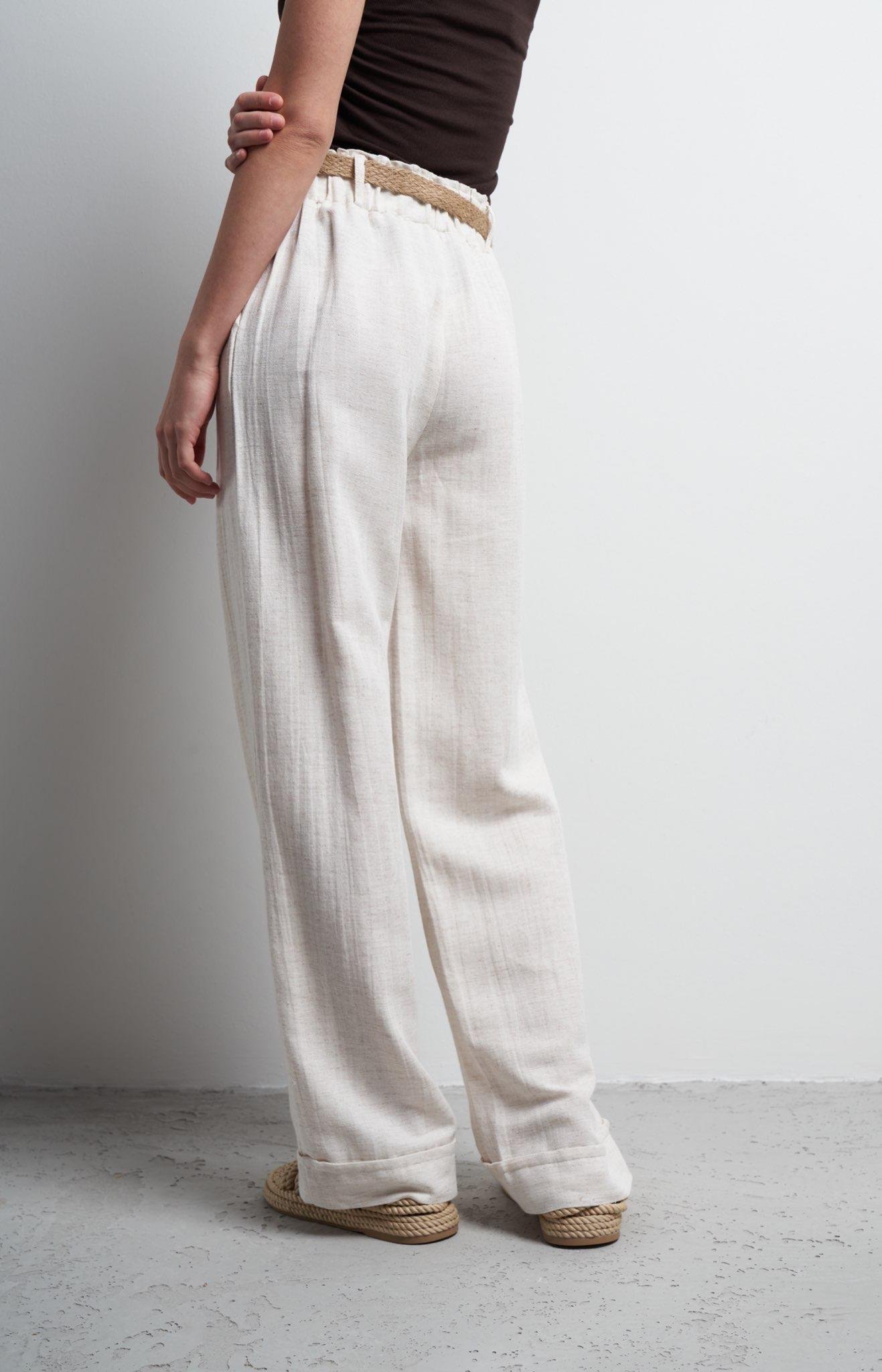 Kemer Detaylı Keten Bol Paça Pantolon Ekru