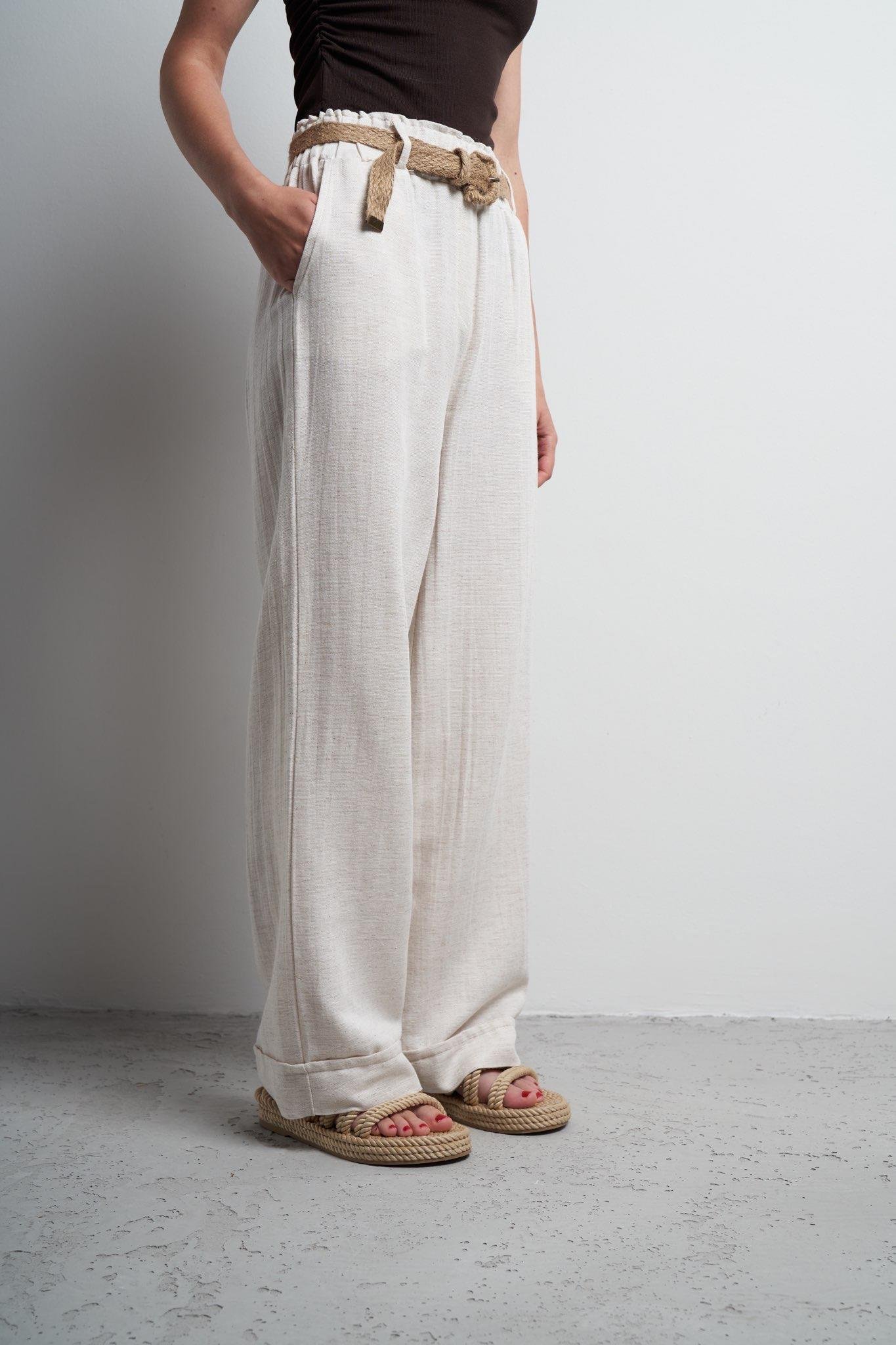 Kemer Detaylı Keten Bol Paça Pantolon Ekru