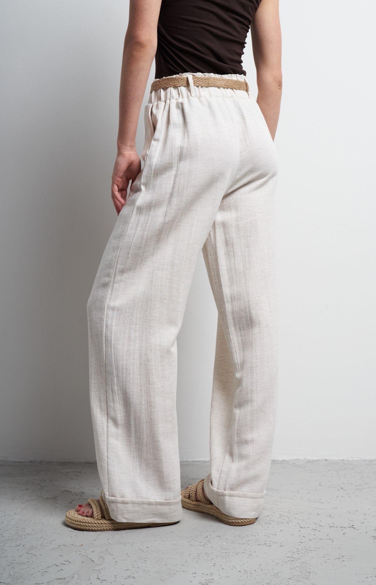 Kemer Detaylı Keten Bol Paça Pantolon Ekru