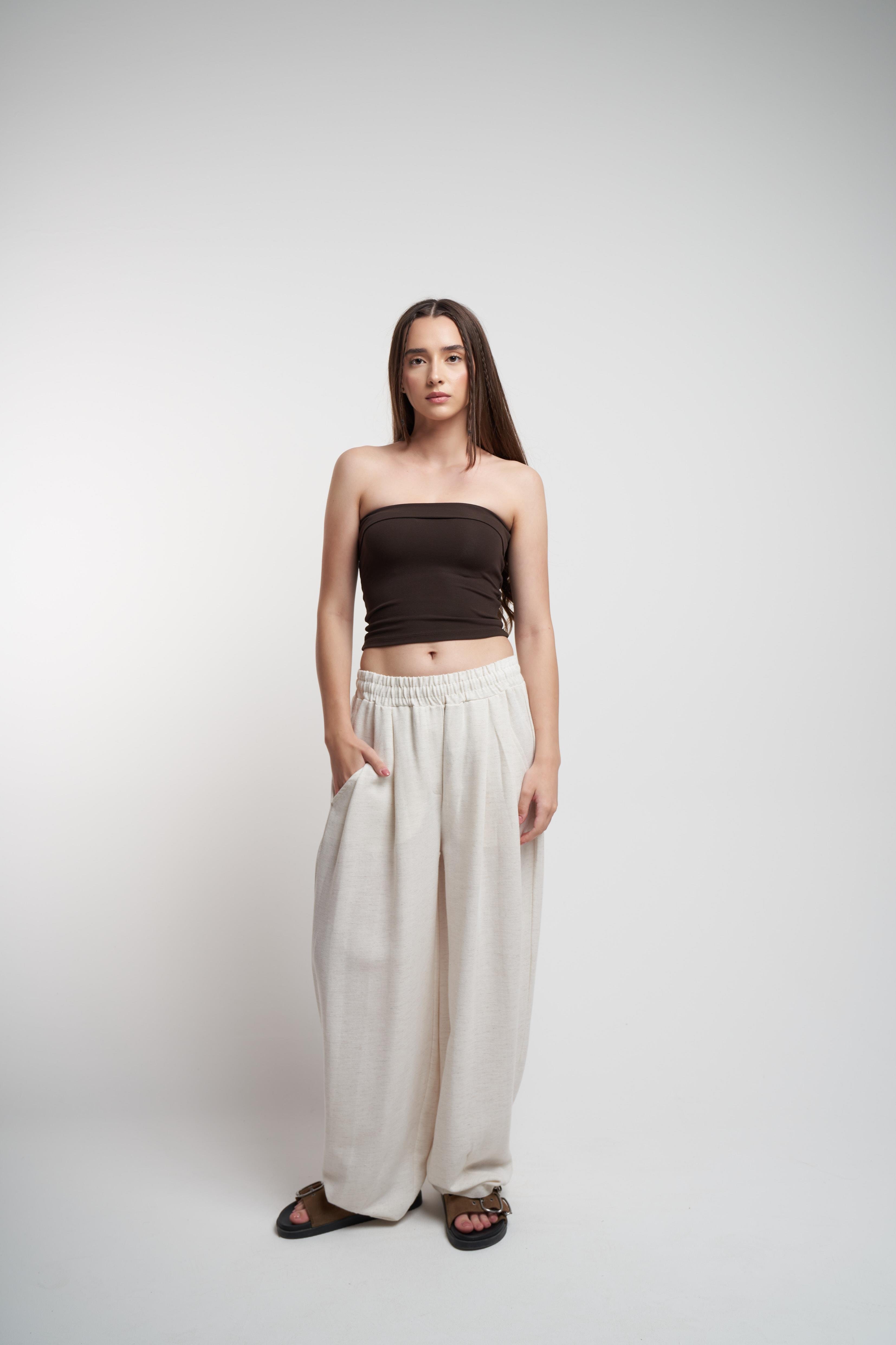 Keten Bol Paça Pantolon Ekru