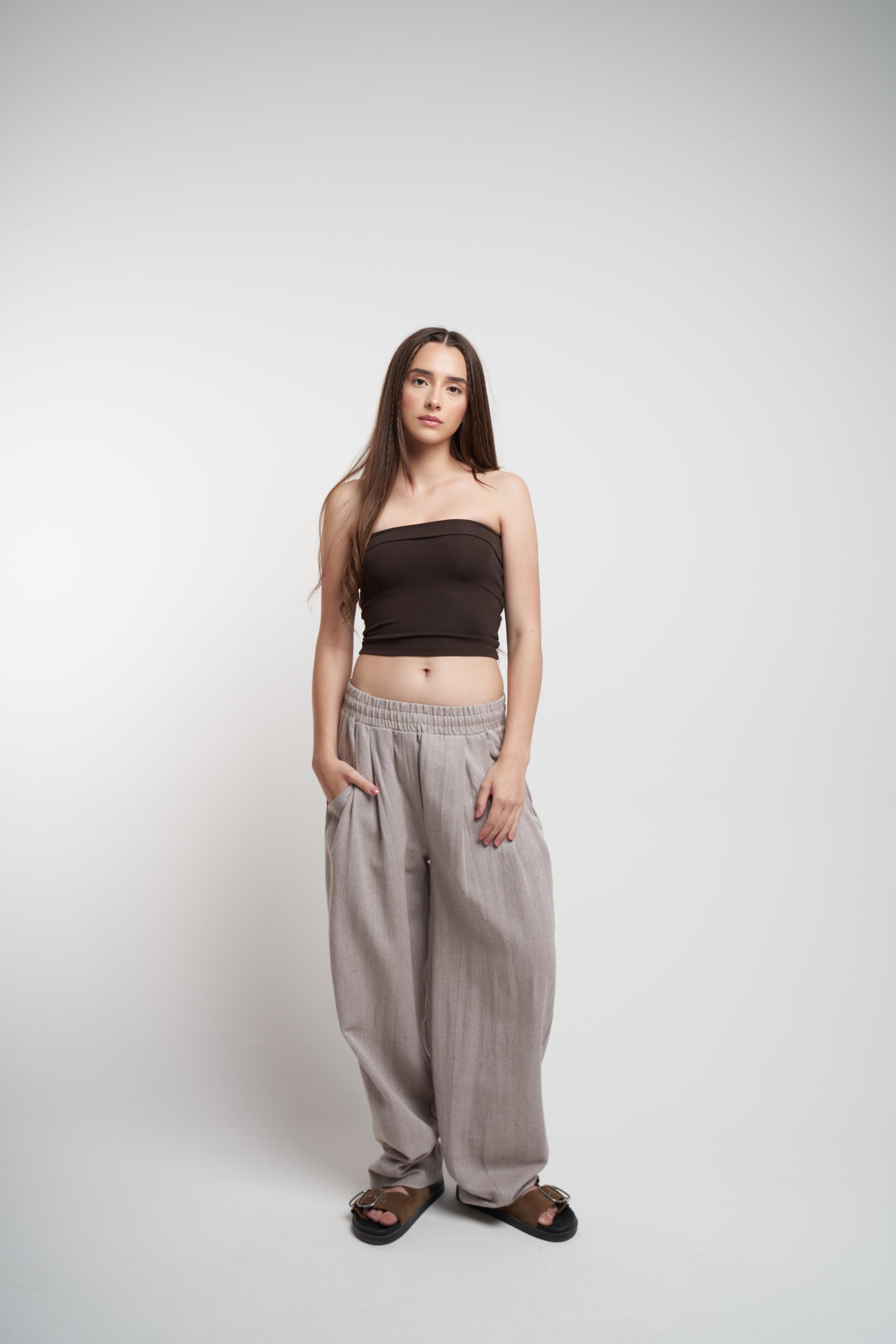 Keten Bol Paça Pantolon Kahve