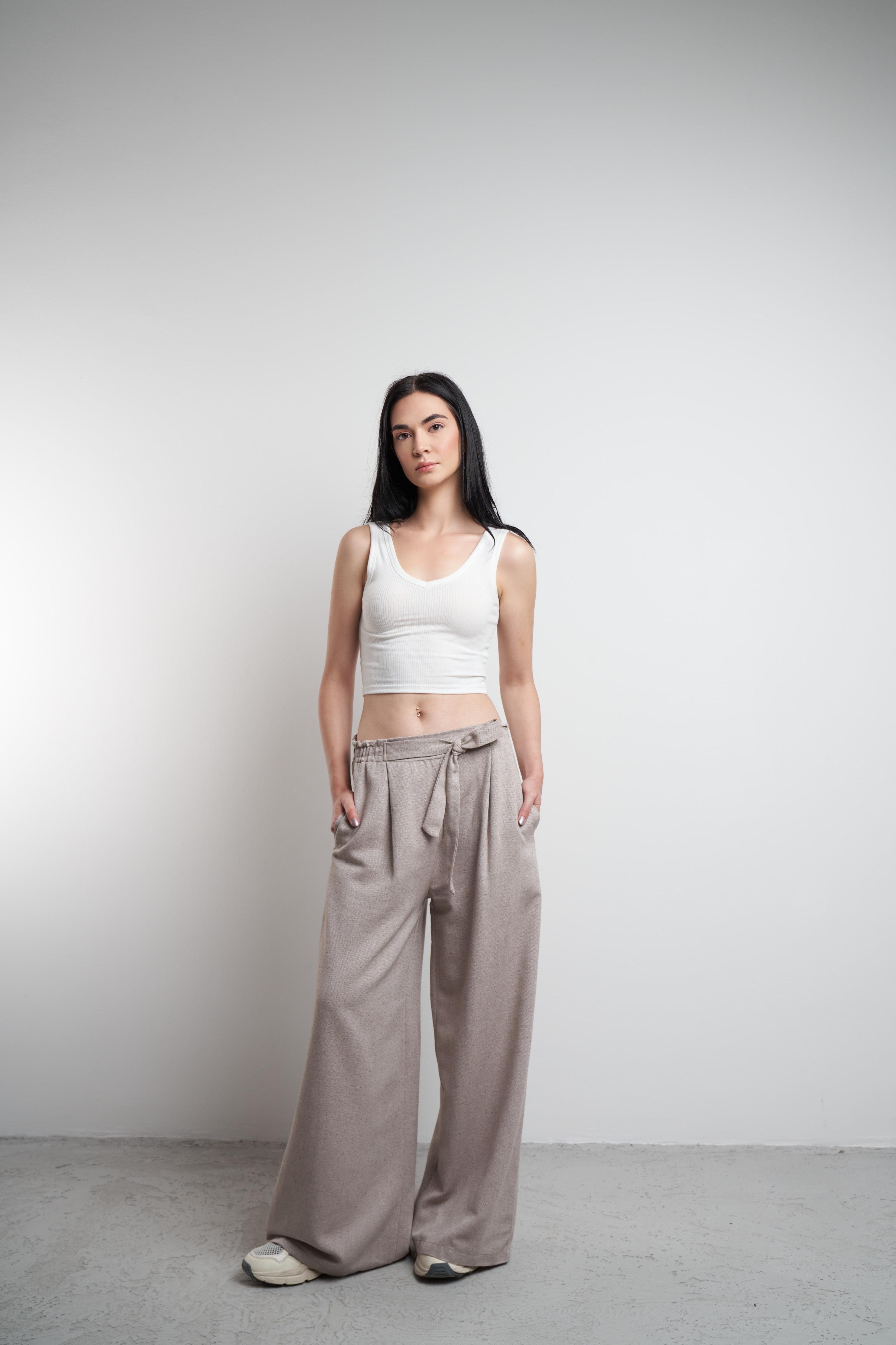 Keten Bol Paça Pantolon Kahve