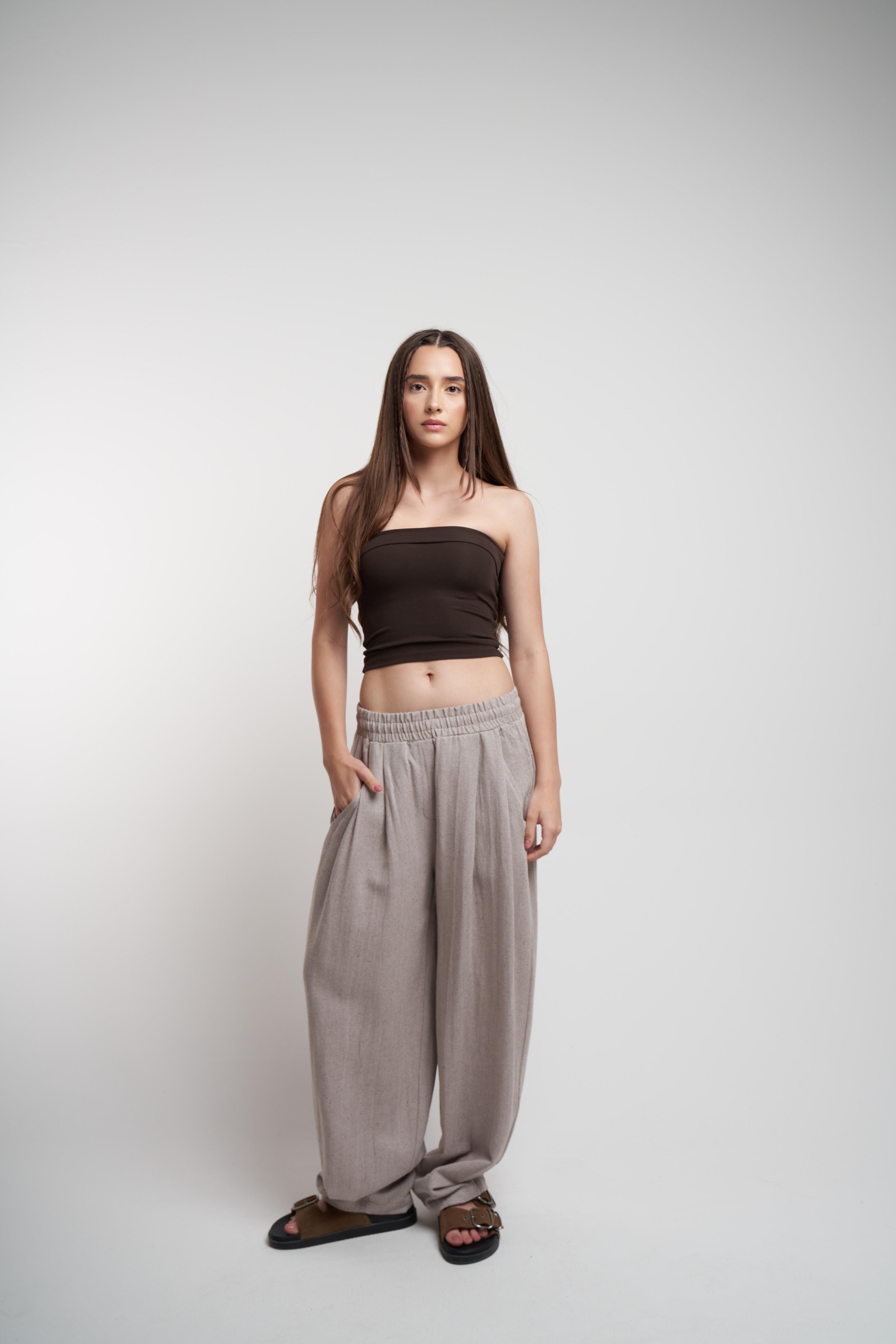 Keten Bol Paça Pantolon Kahve