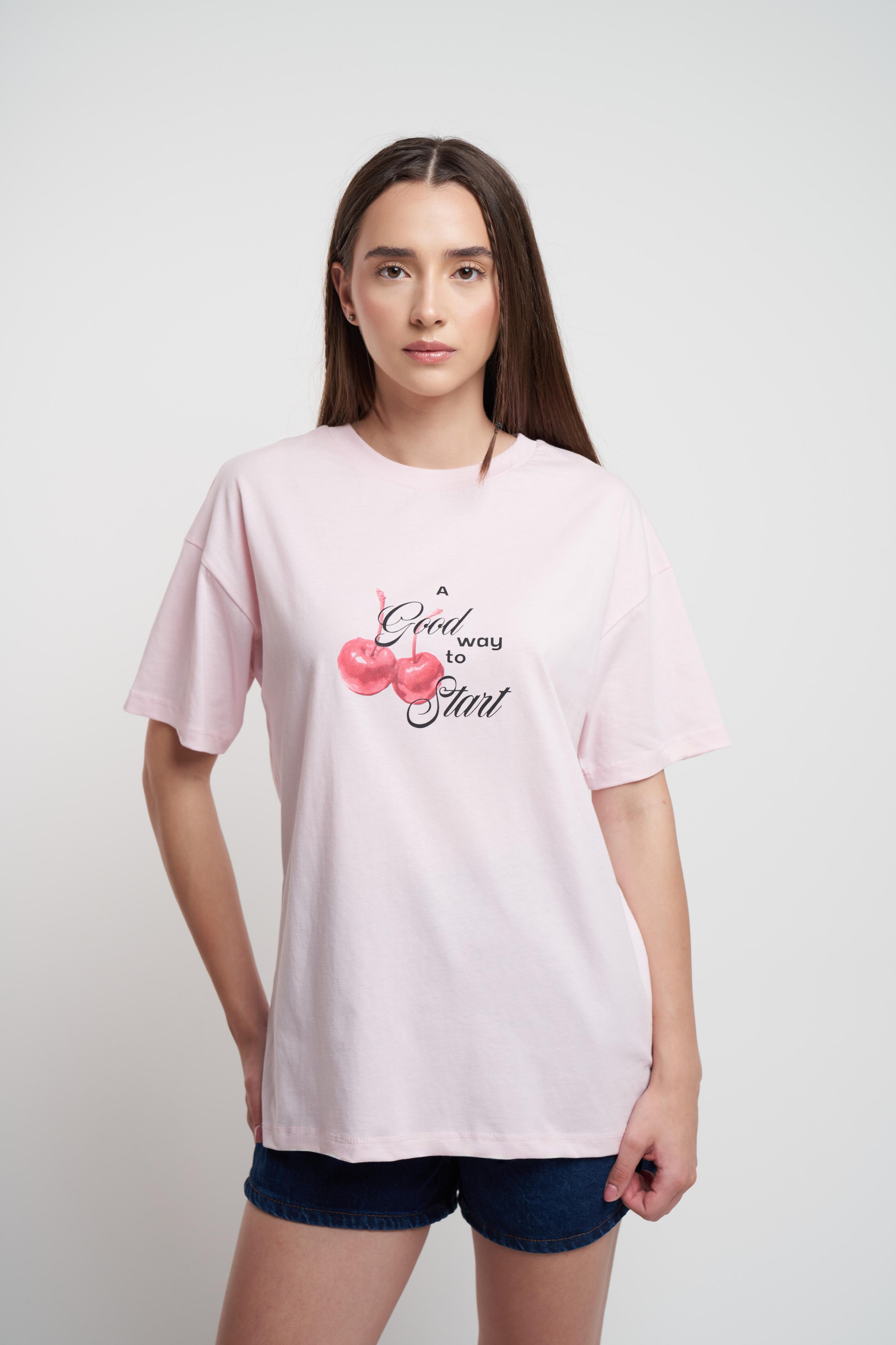 Kiraz Baskılı Oversize Kısa Kol T-shirt Toz Pembe