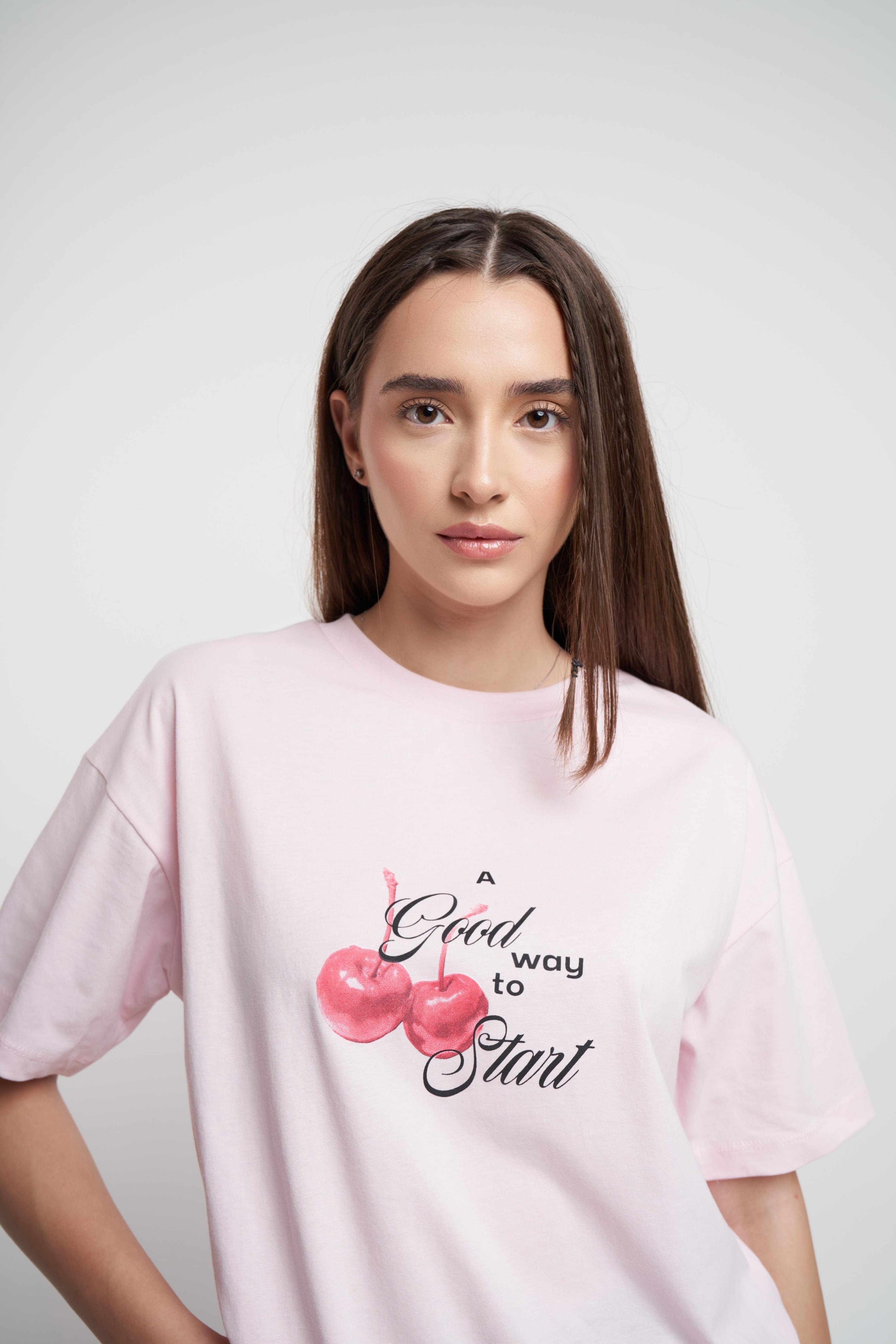 Kiraz Baskılı Oversize Kısa Kol T-shirt Toz Pembe