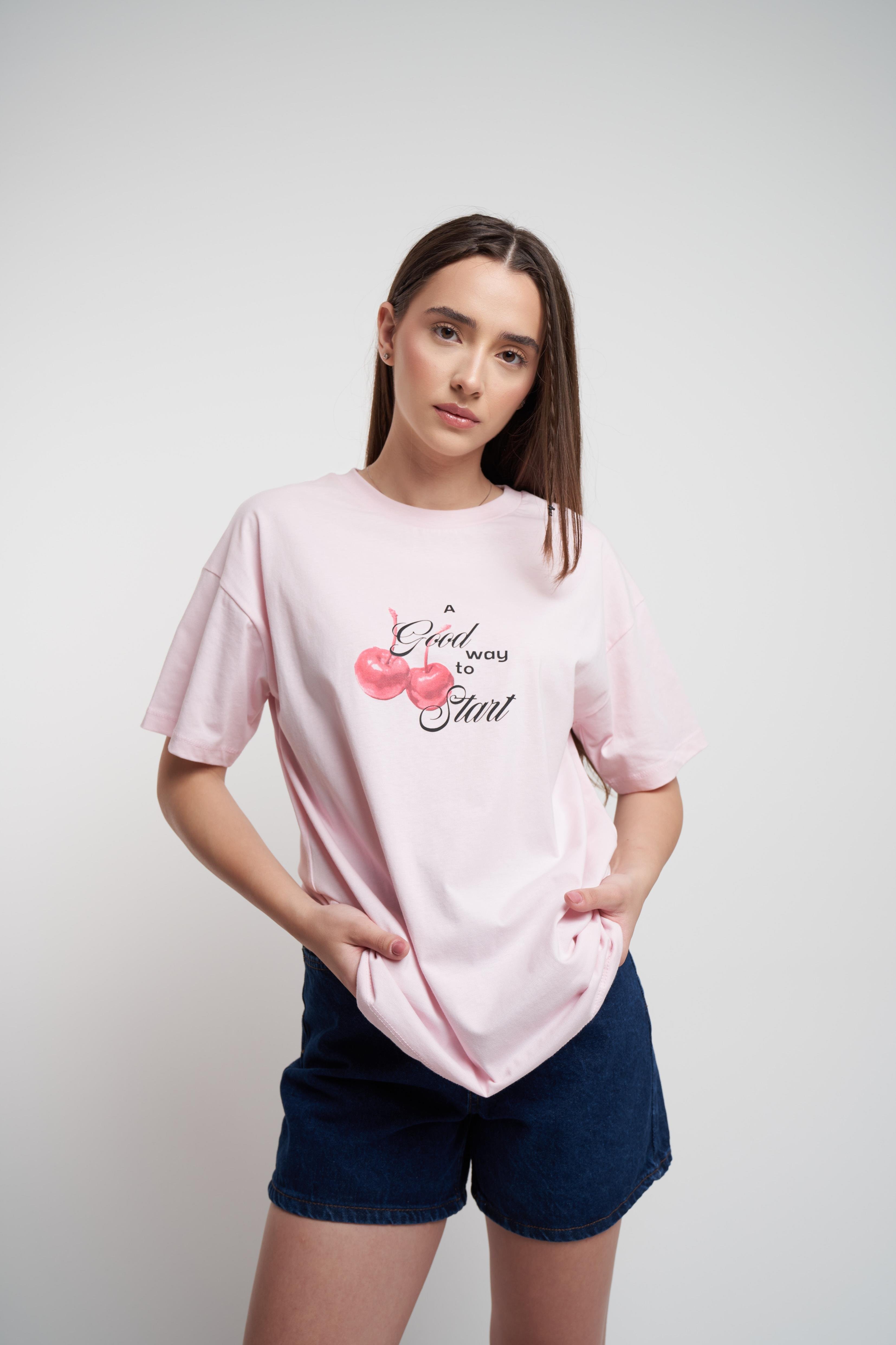 Kiraz Baskılı Oversize Kısa Kol T-shirt Toz Pembe