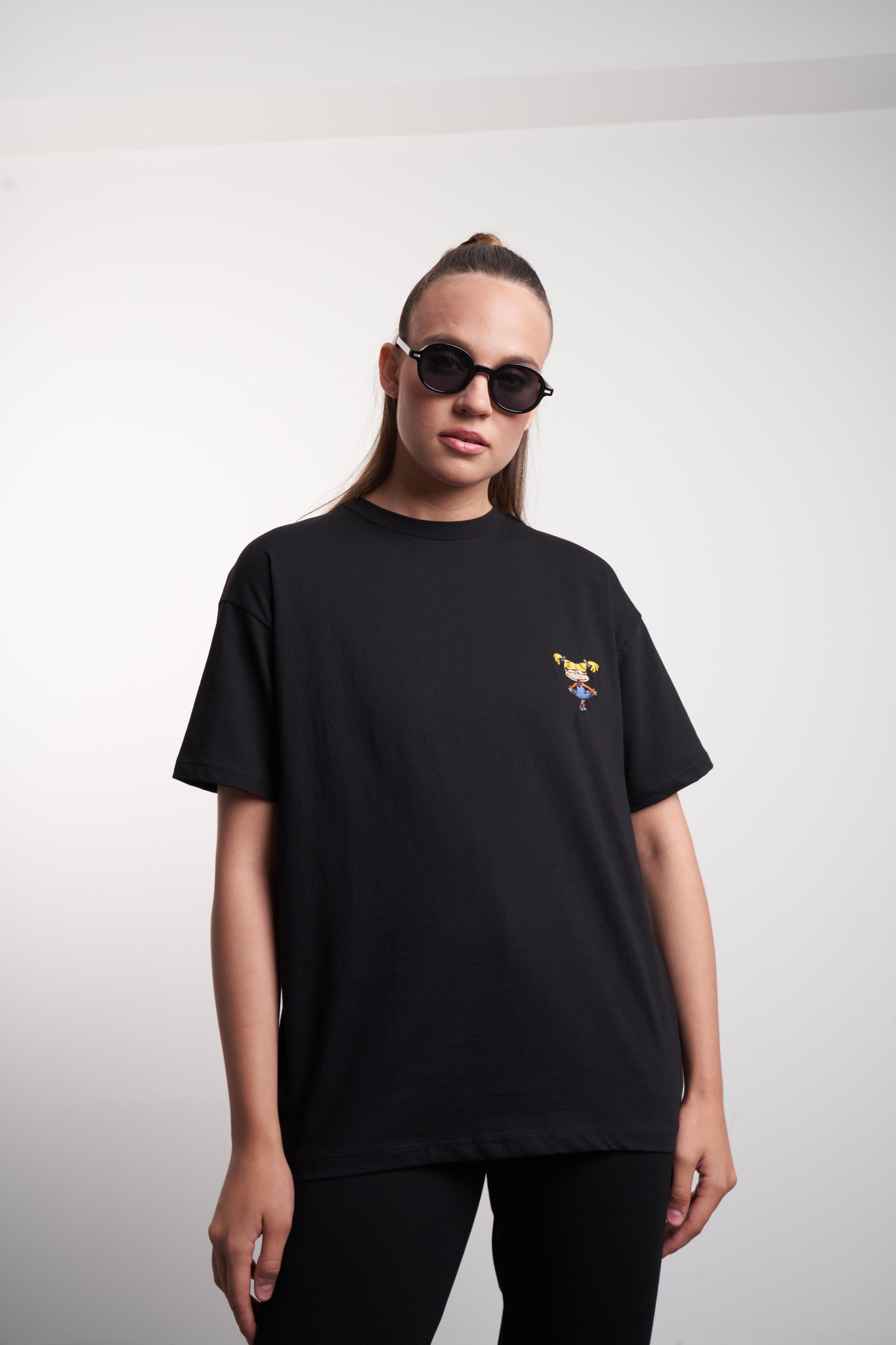 Kız Nakış Baskılı T-shirt Siyah