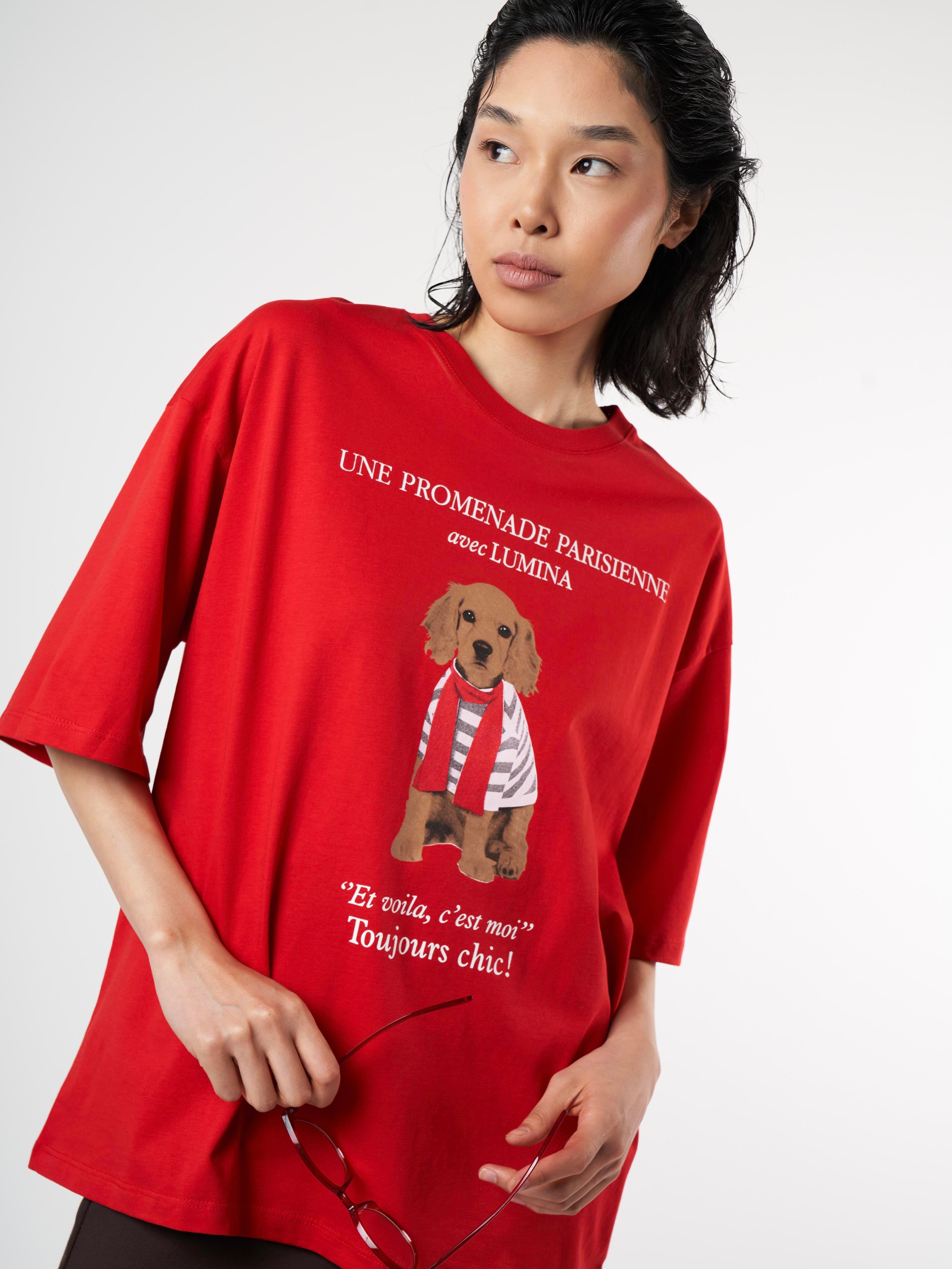 Köpek Baskılı Kısa Kol Oversize T-shirt Kırmızı