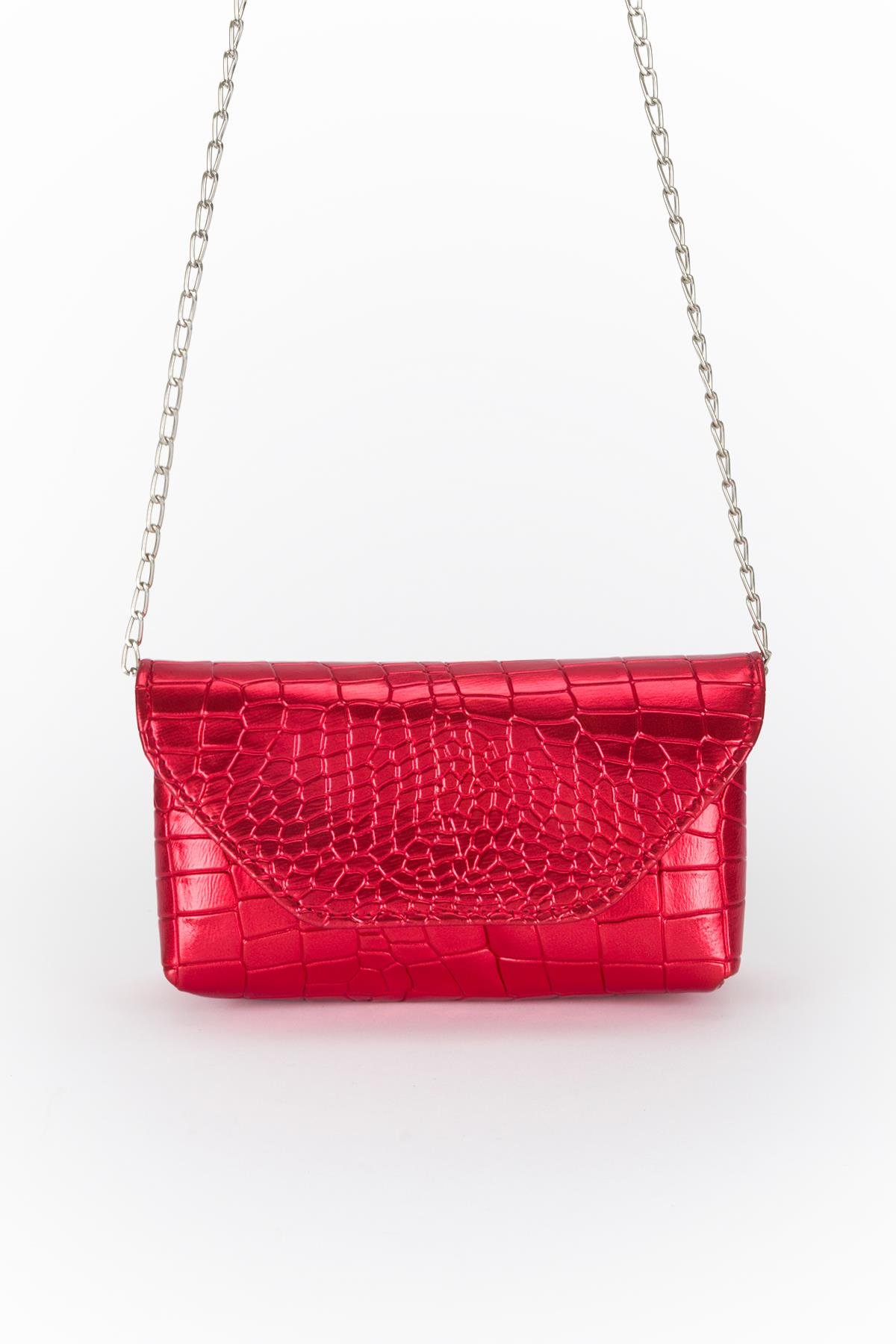 Kroko Desen Zincirli Çapraz Çanta Kırmızı