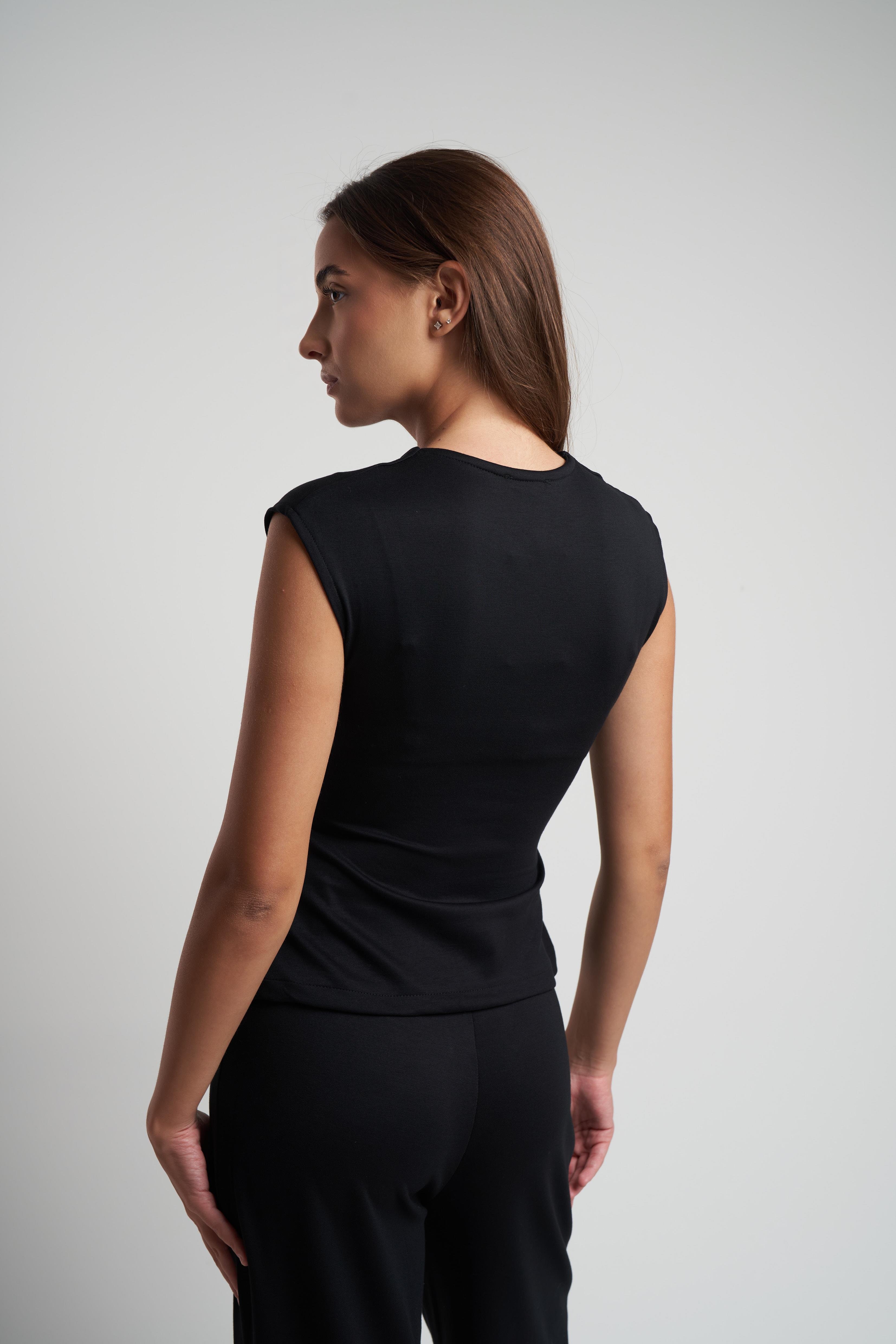 Kruvaze Sıfır Kol Bluz Siyah