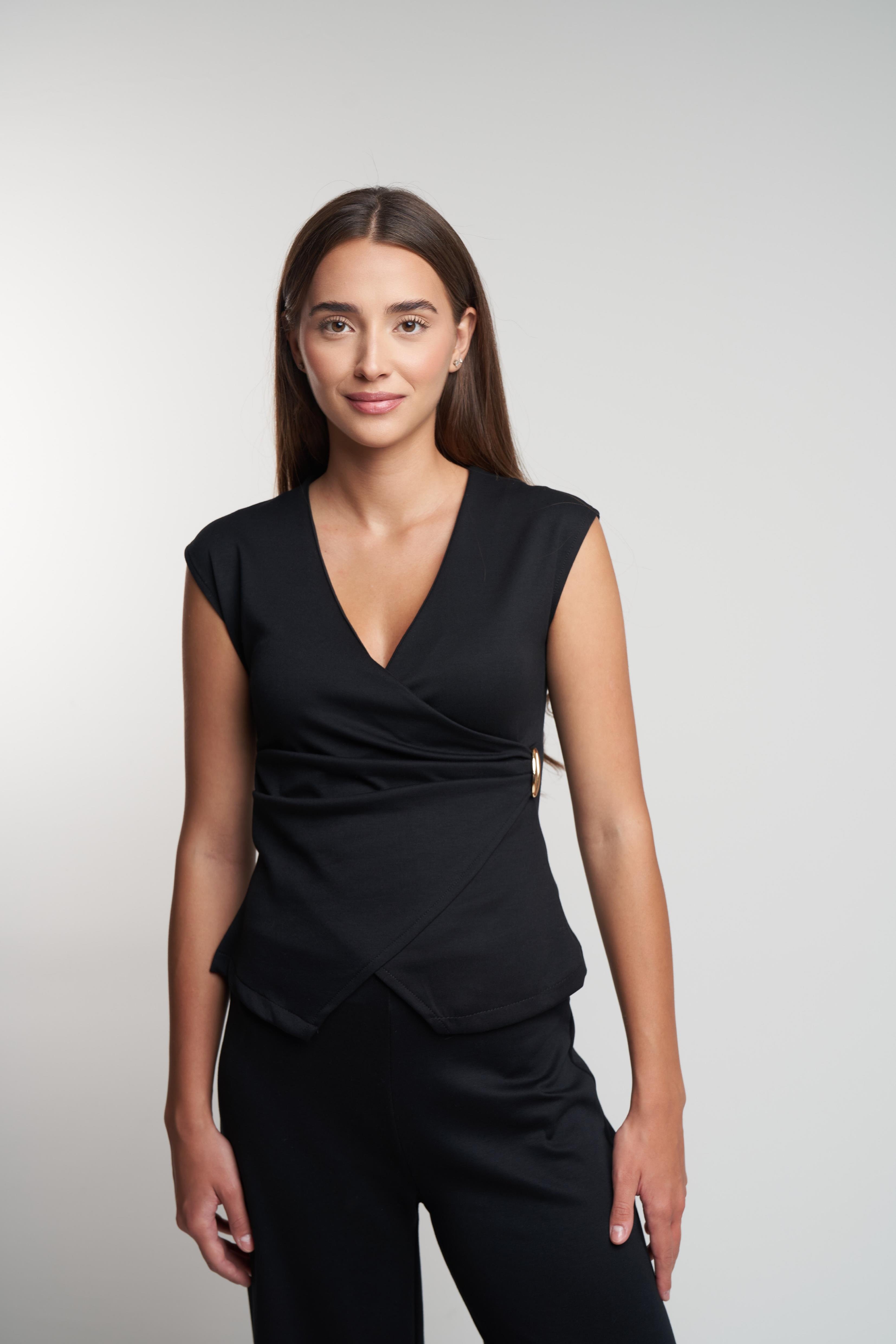 Kruvaze Sıfır Kol Bluz Siyah