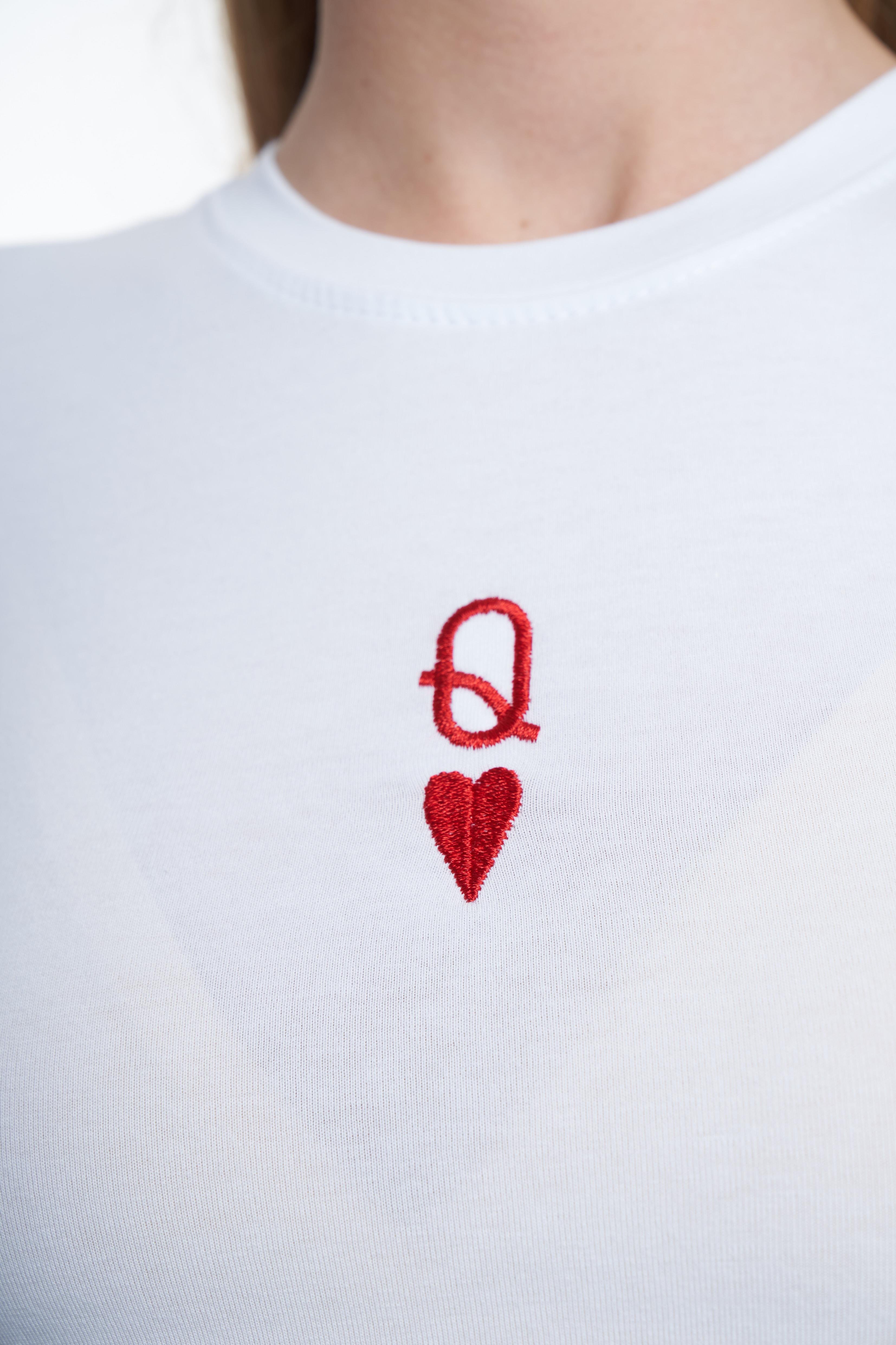 Kupa Kız Nakış Baskılı Kısa T-shirt Beyaz