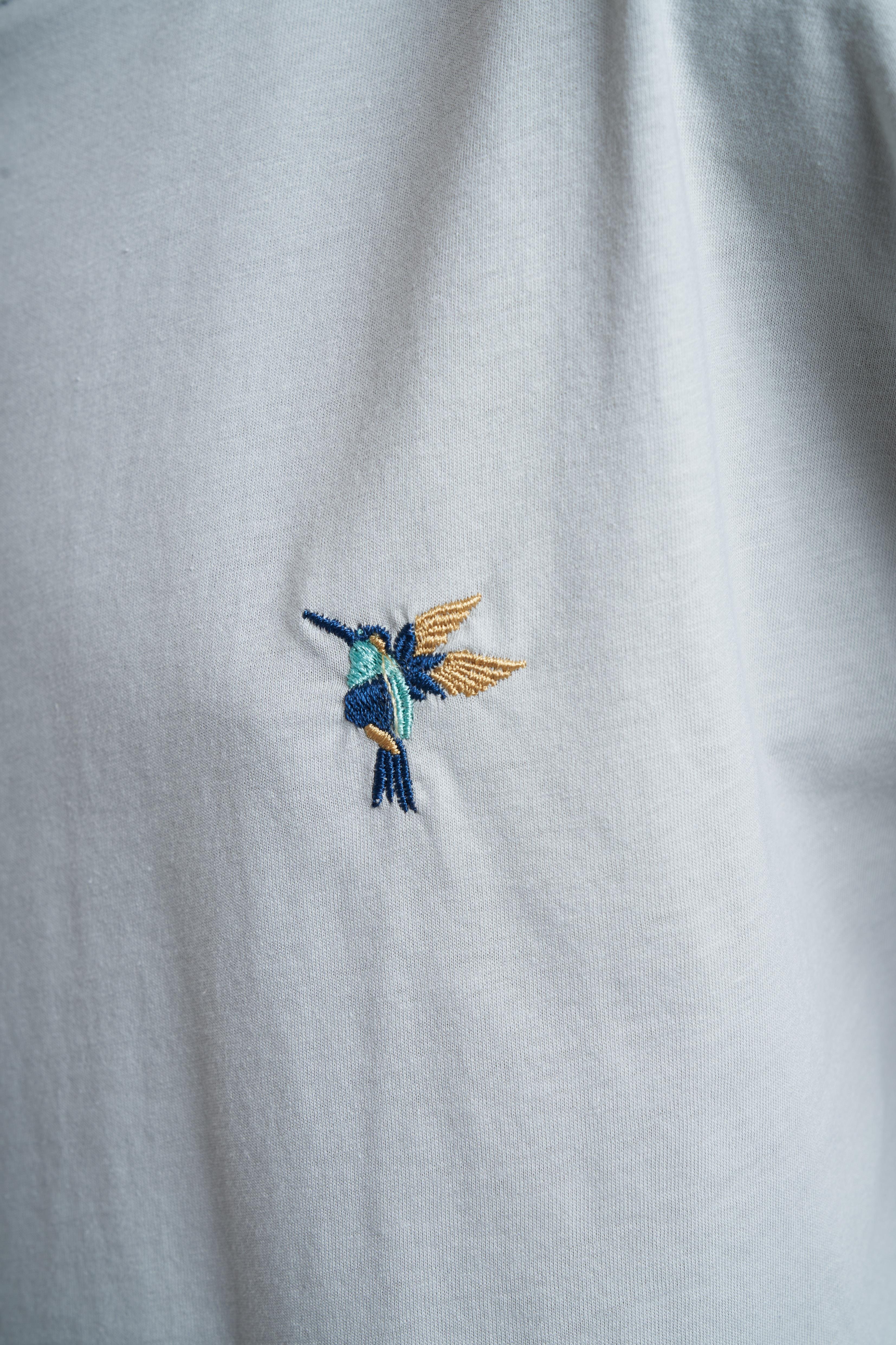 Kuş Nakış Baskılı T-shirt Açık Gri