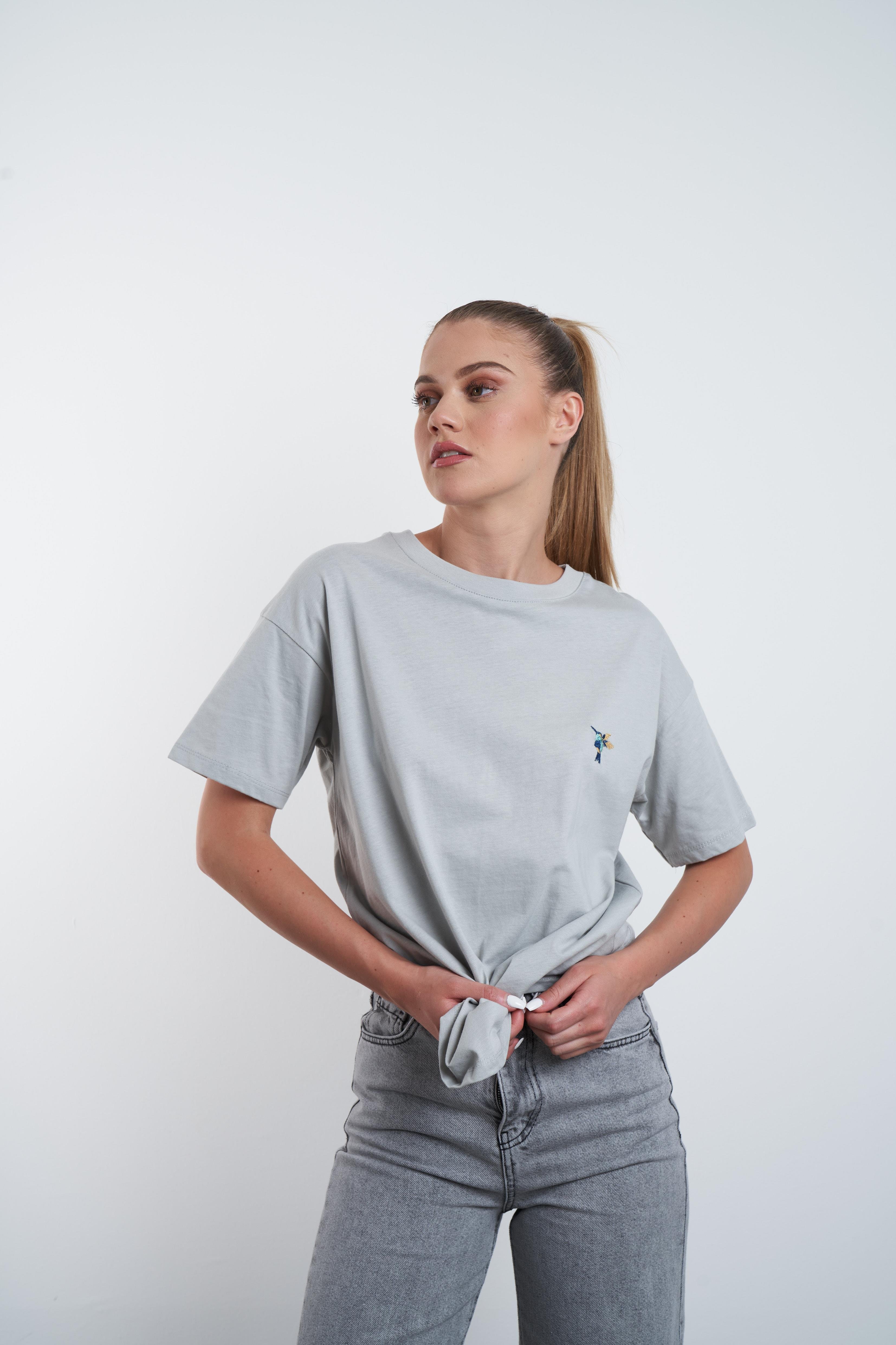 Kuş Nakış Baskılı T-shirt Açık Gri