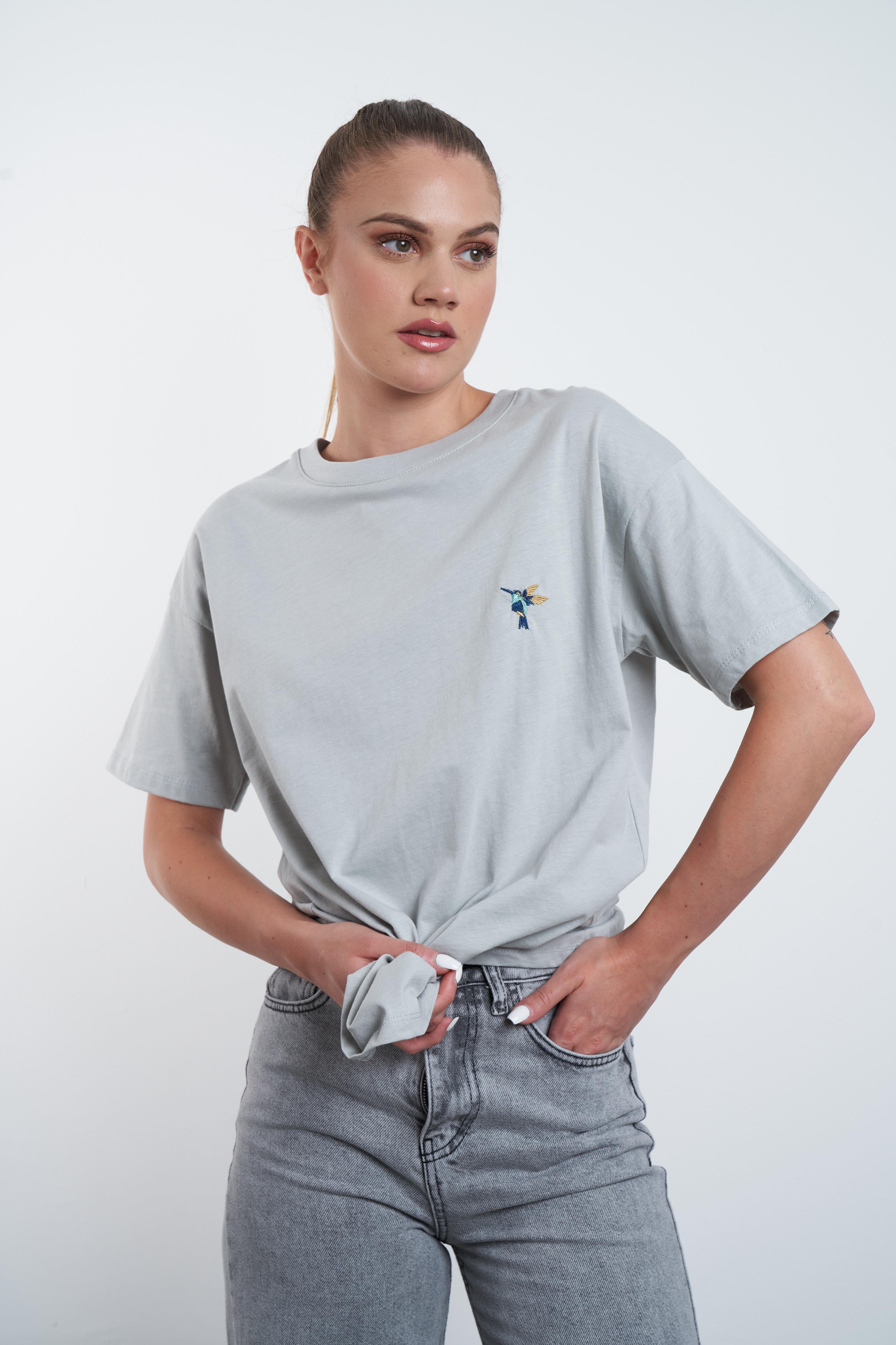 Kuş Nakış Baskılı T-shirt Açık Gri