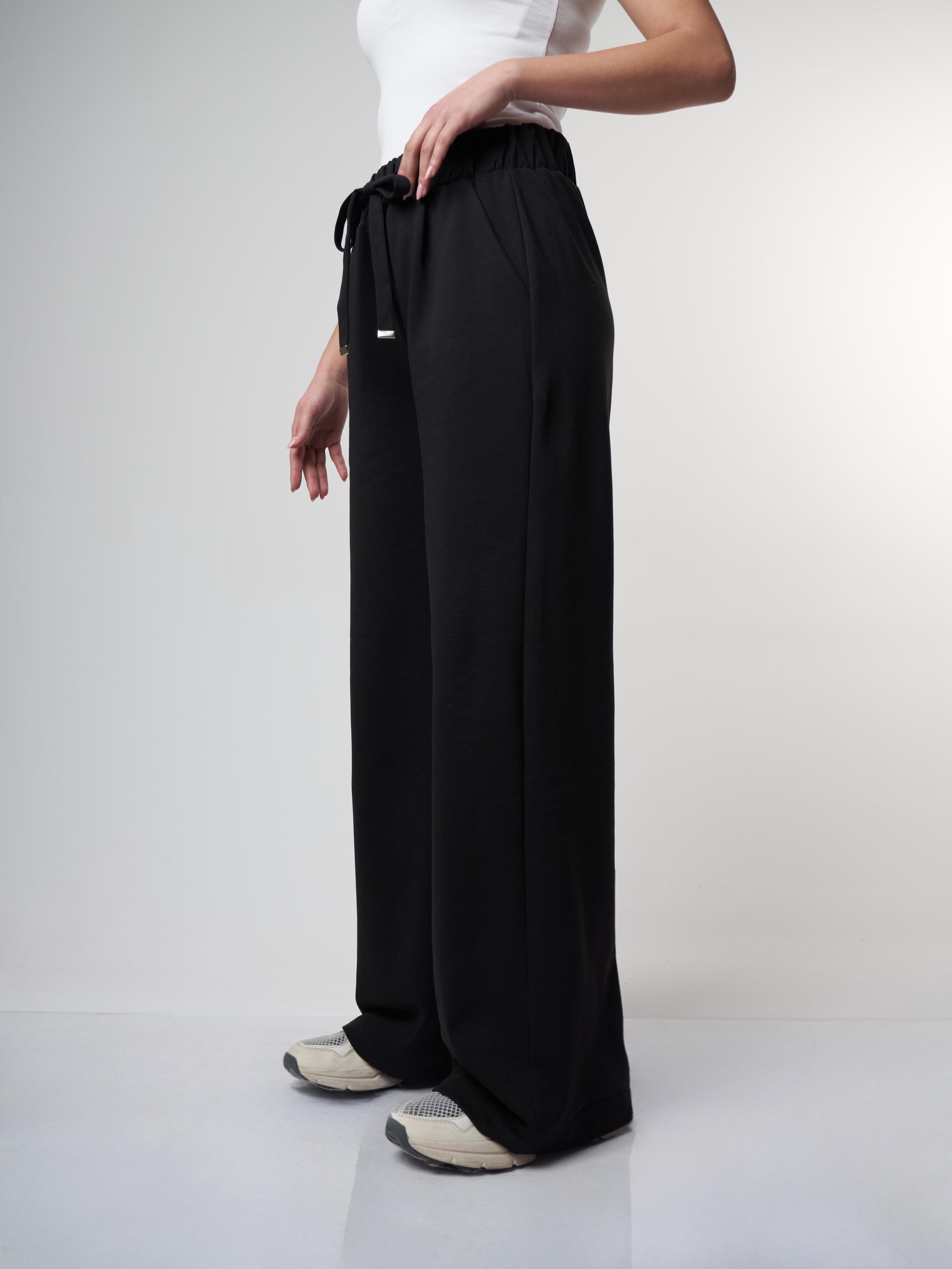 Kuşak Bağlama Bol Paça İnterlok Pantolon Siyah