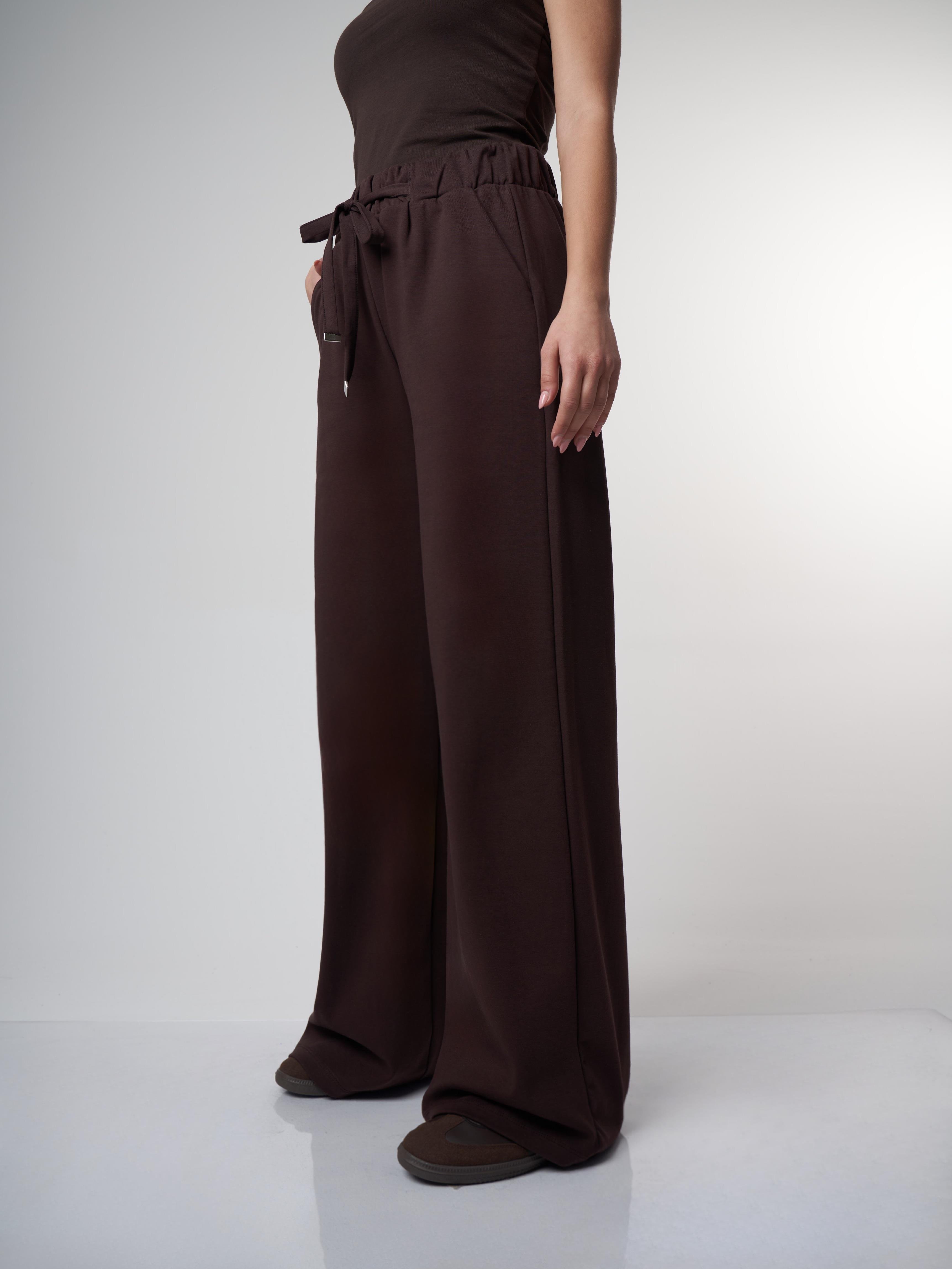 Kuşak Bağlama Bol Paça İnterlok Pantolon Kahve